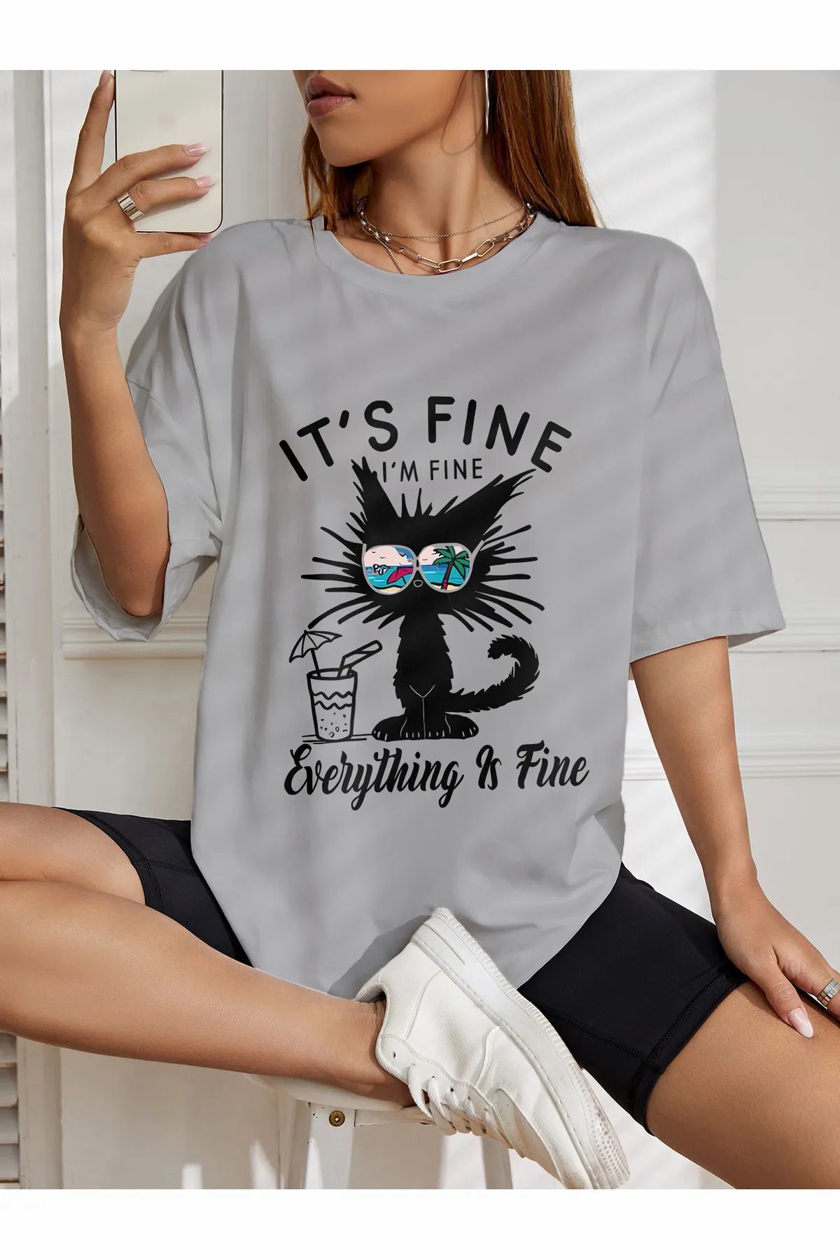 ship master oversize IT'S Fine (kedi) baskılı T-shirt