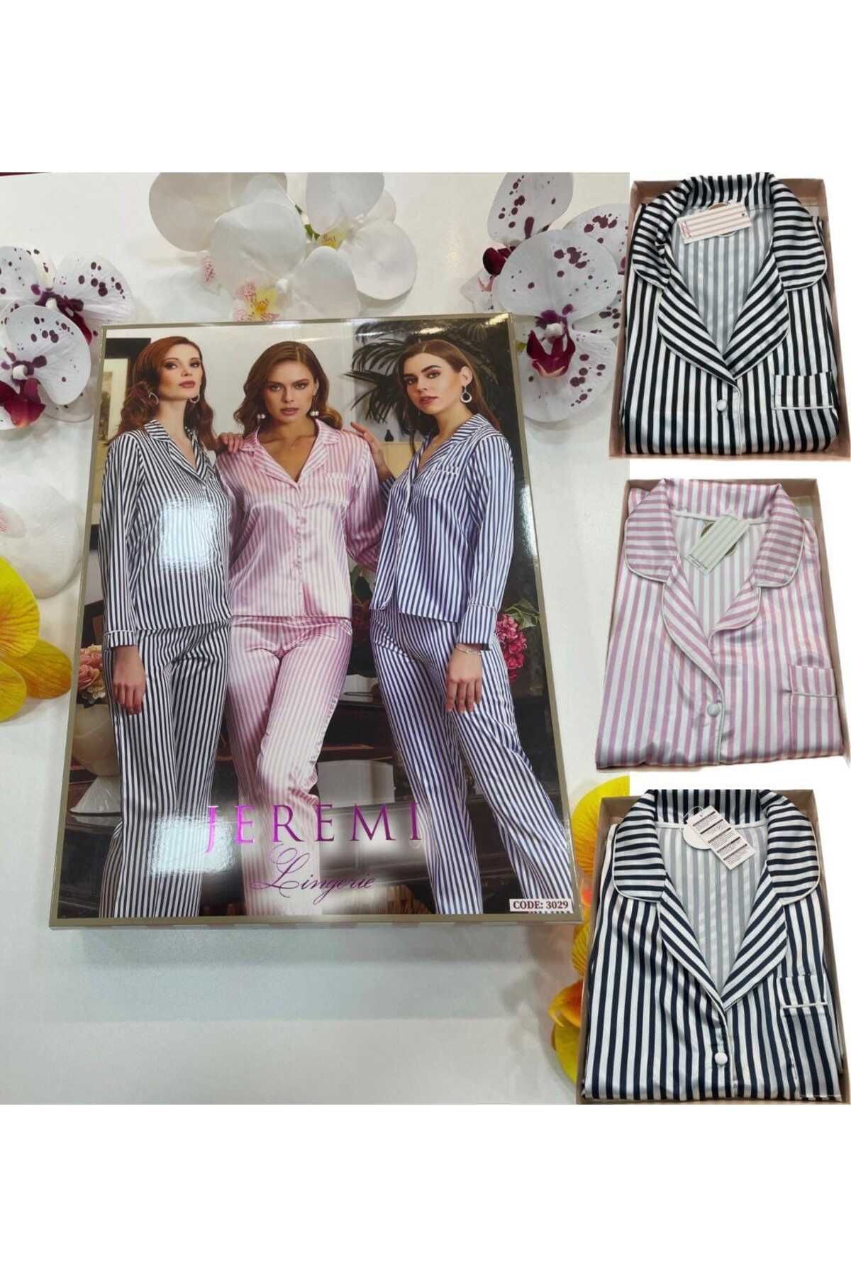 pierre İpek Saten Çizgili Pijama Takımı 3029