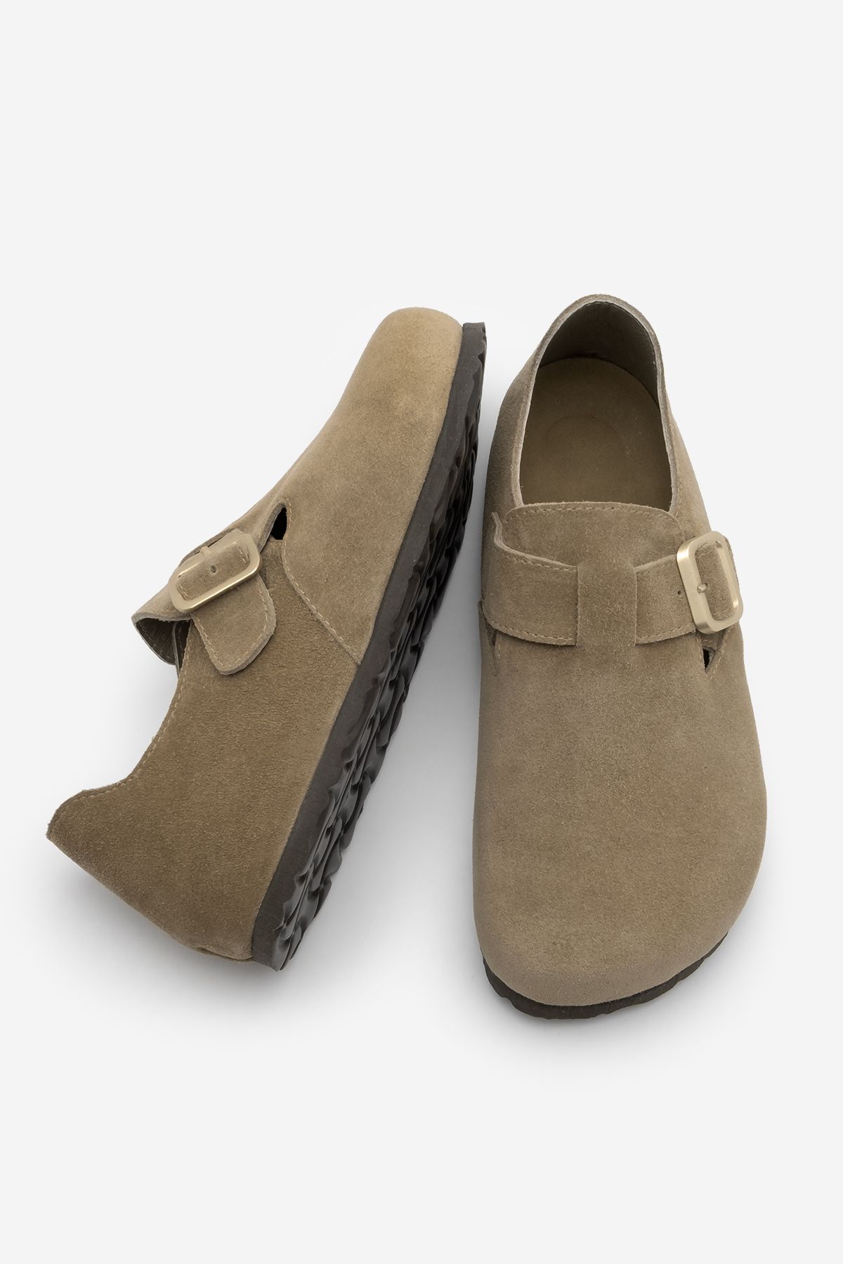 صندل زنانه چرمی واقعی EVA در پشت پایه بسته روزانه SABO OLIVE BEFUN TOPRAK SUEDE Marjin