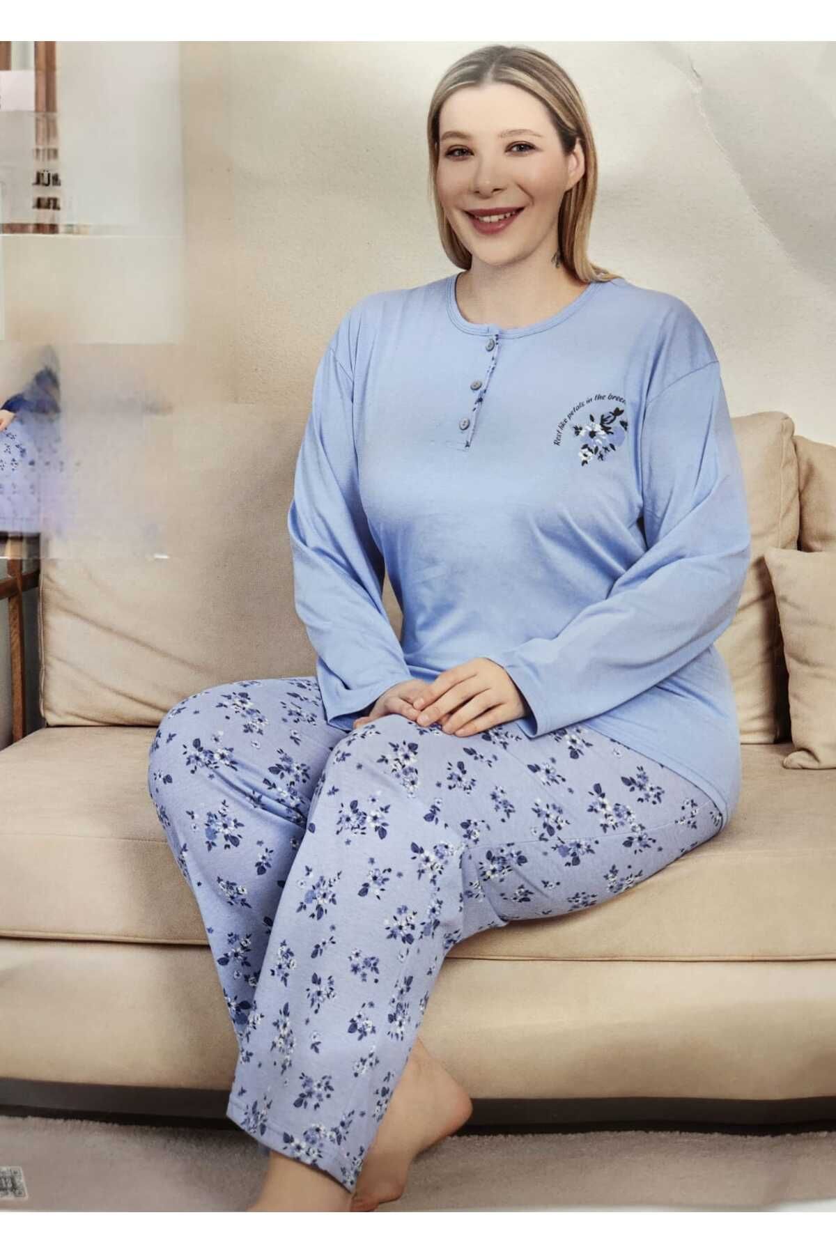 Mirano Battal Beden Pamuklu Uzun kollu Anne Pijama Takımı 6511 Açık İndigo