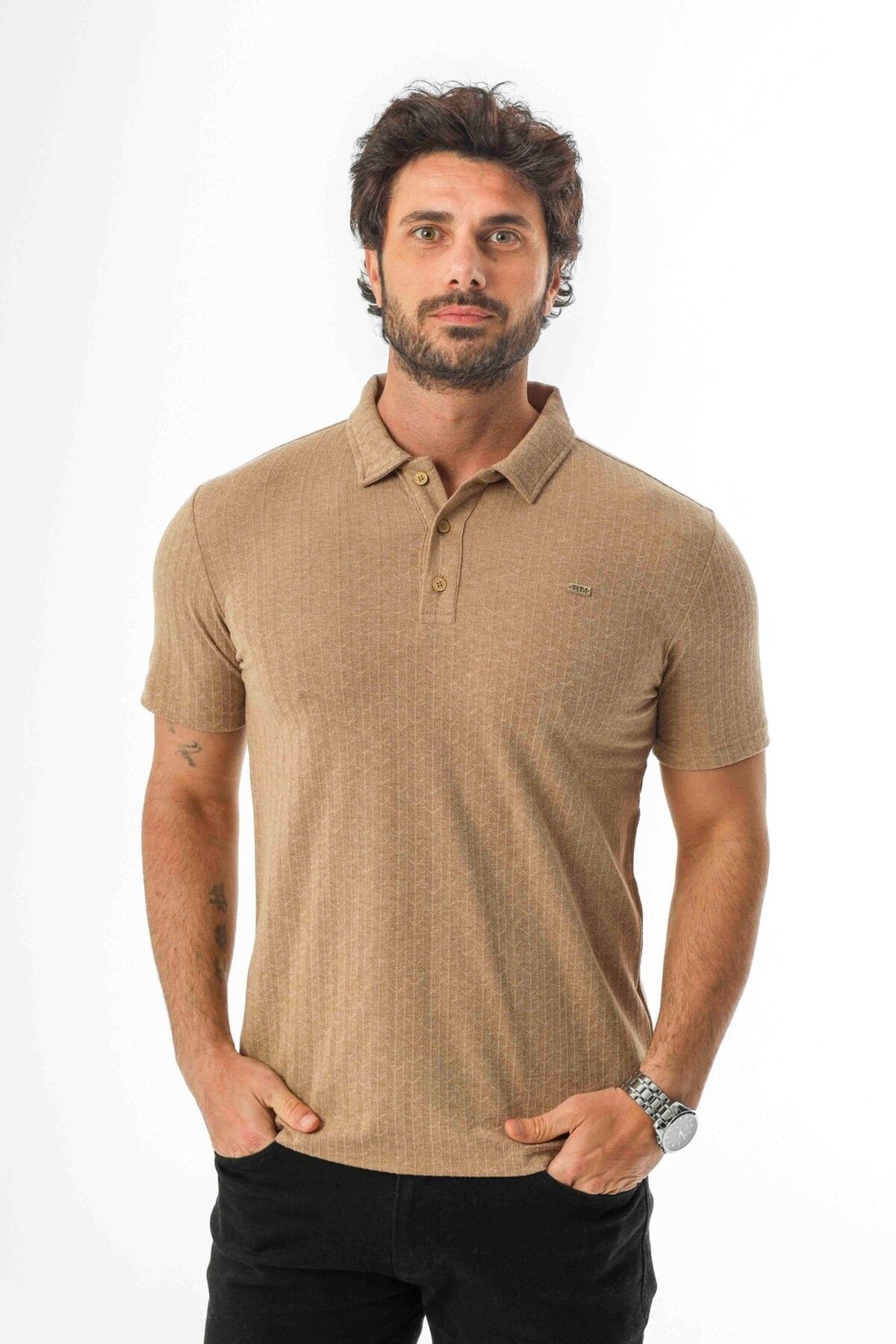 Tony Montana Regular Fit Polo Yaka Düğmeli Armalı Keten T-Shirt-KT-1003