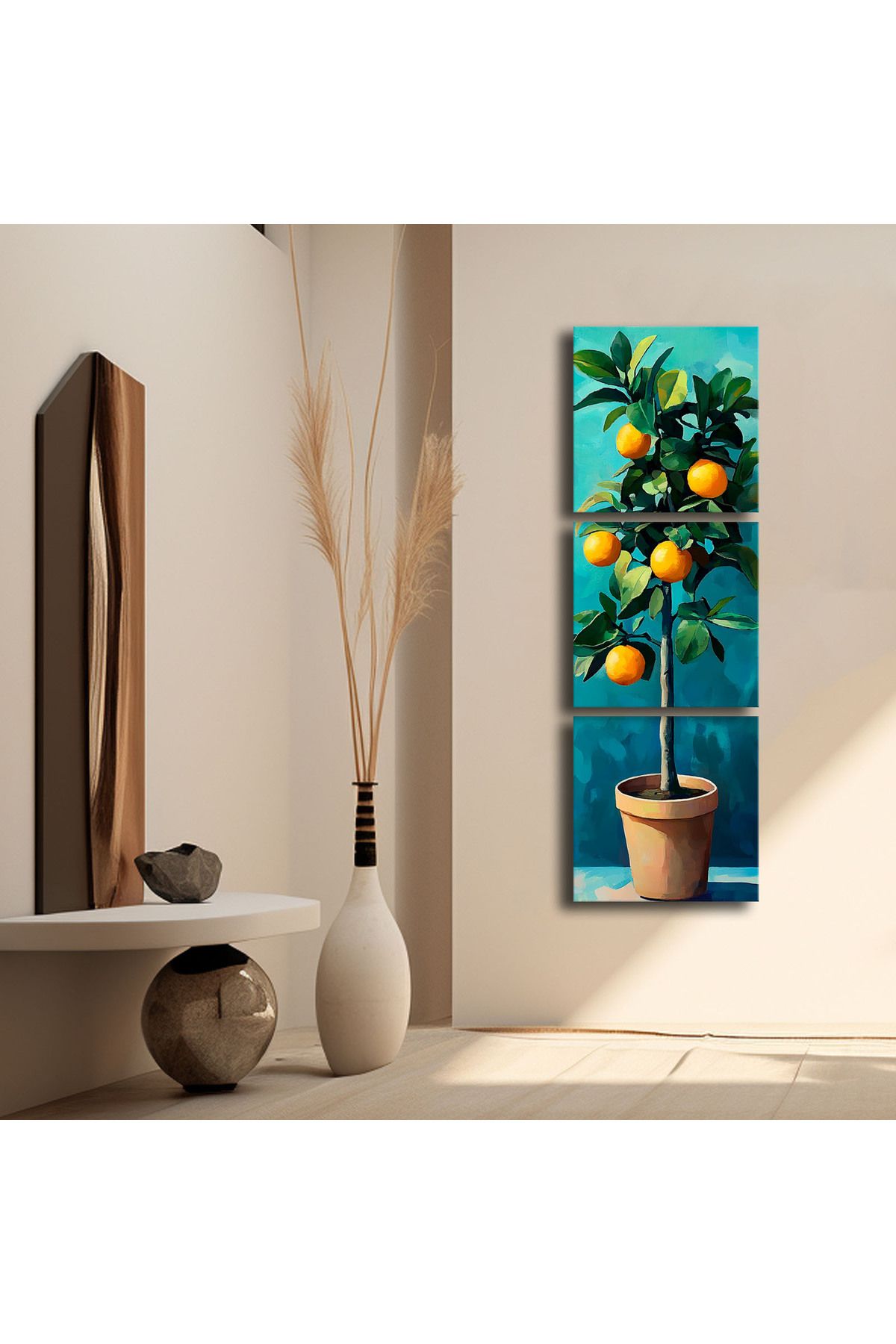 Özgül Grup 3 Parça Dekoratif Canvas Tablo 135x45 cm Saksıda Portakal Ağacı