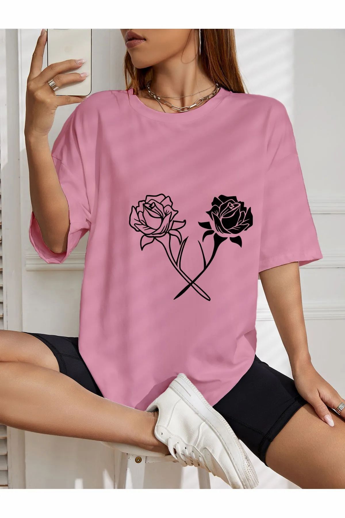 ship master oversize beyaz siyah çiçek baskılı T-shirt