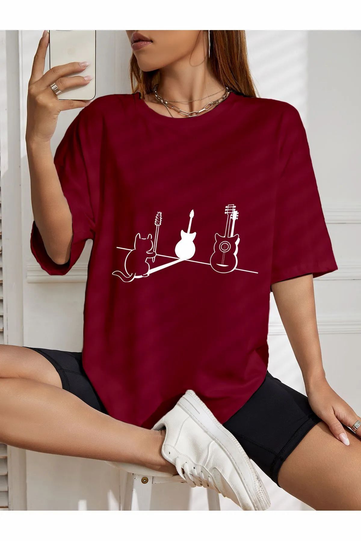 ship master oversize fare ile gitar baskılı T-shirt