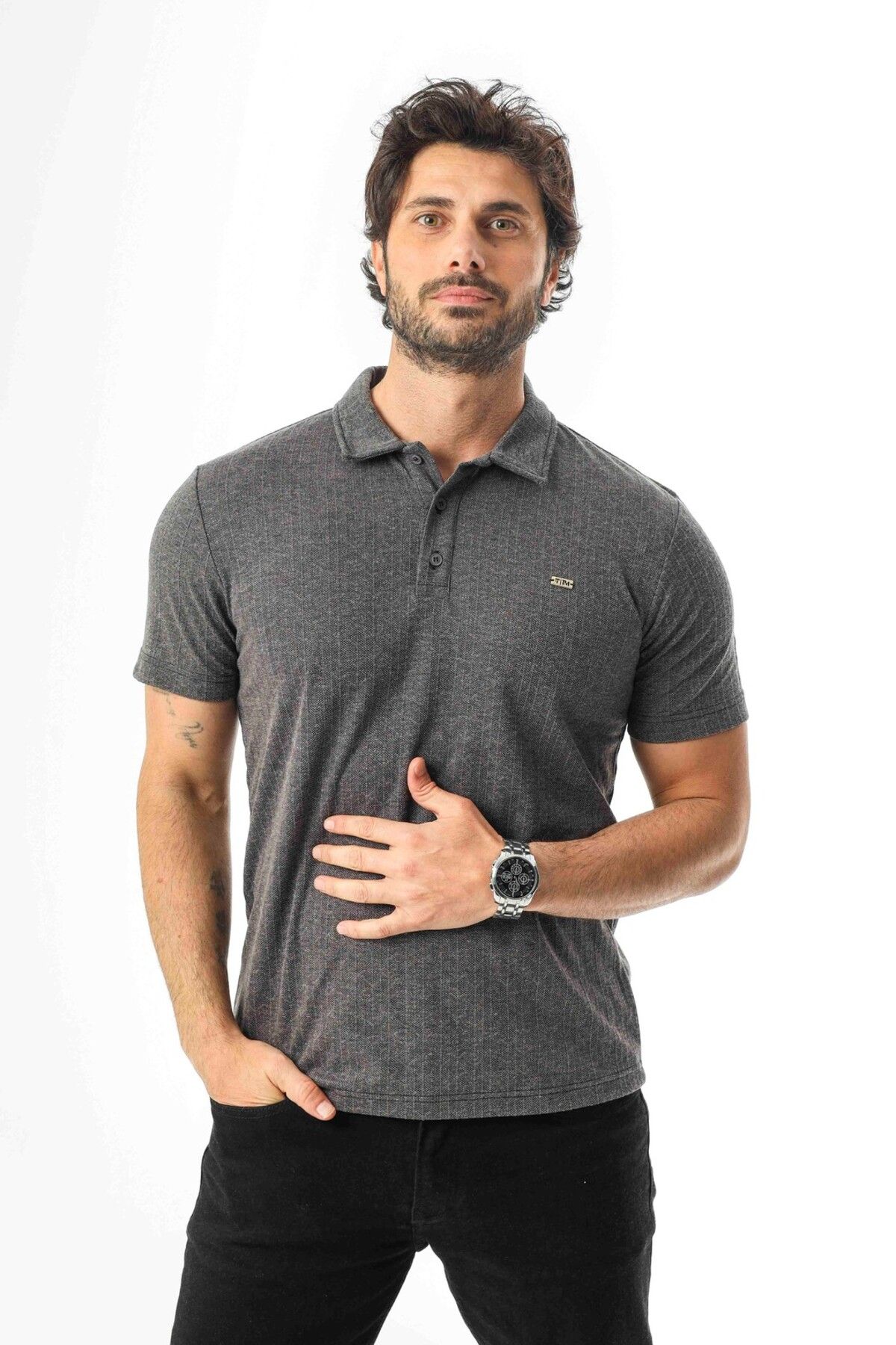 Tony Montana Regular Fit Polo Yaka Düğmeli Armalı Keten T-Shirt-KT-1003