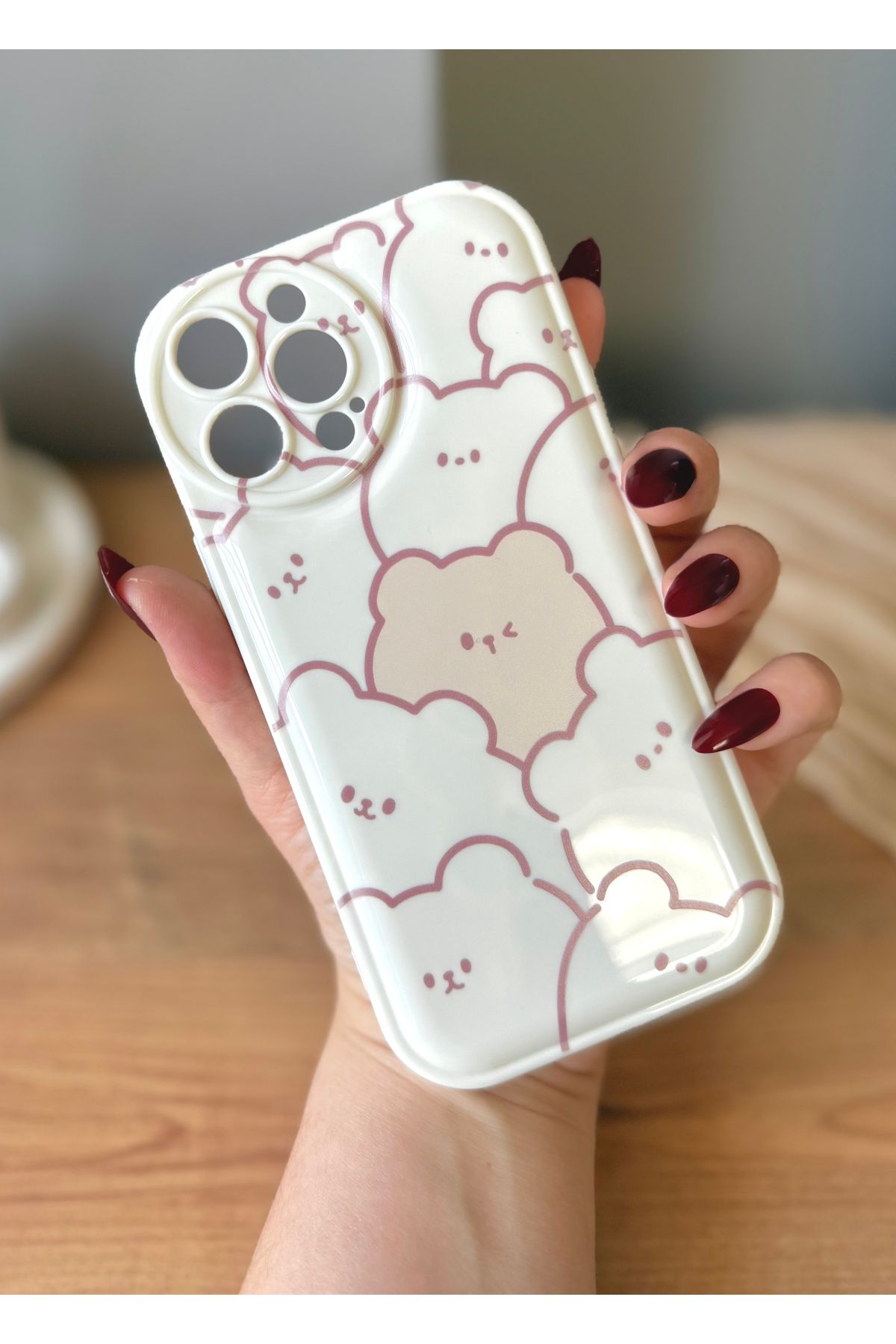 MirazTasarim IPHONE 13 PROMAX EKRU PARLAK AYICIK DESENLİ KILIF