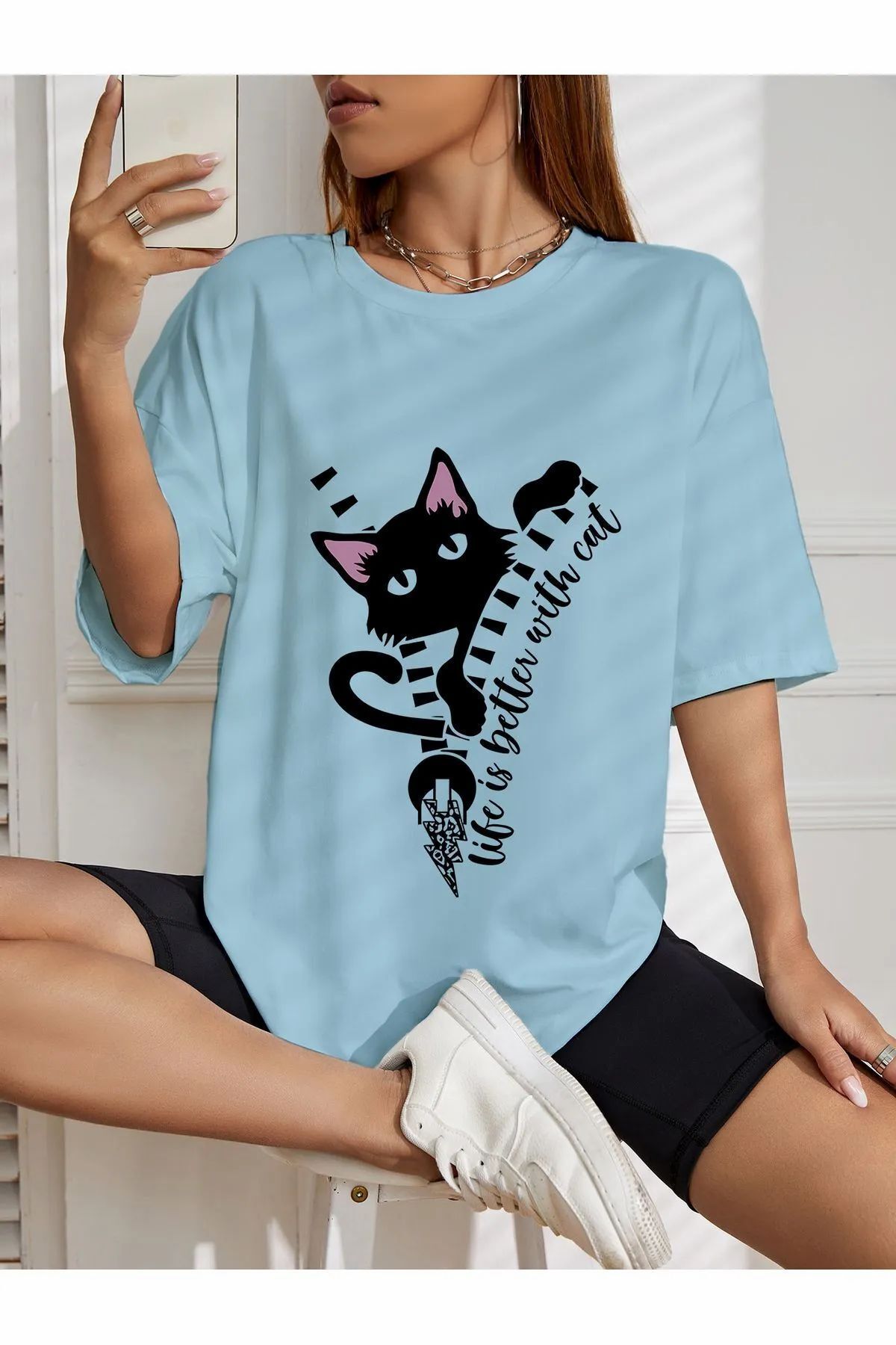 ship master oversize kedi baskılı T-shirt