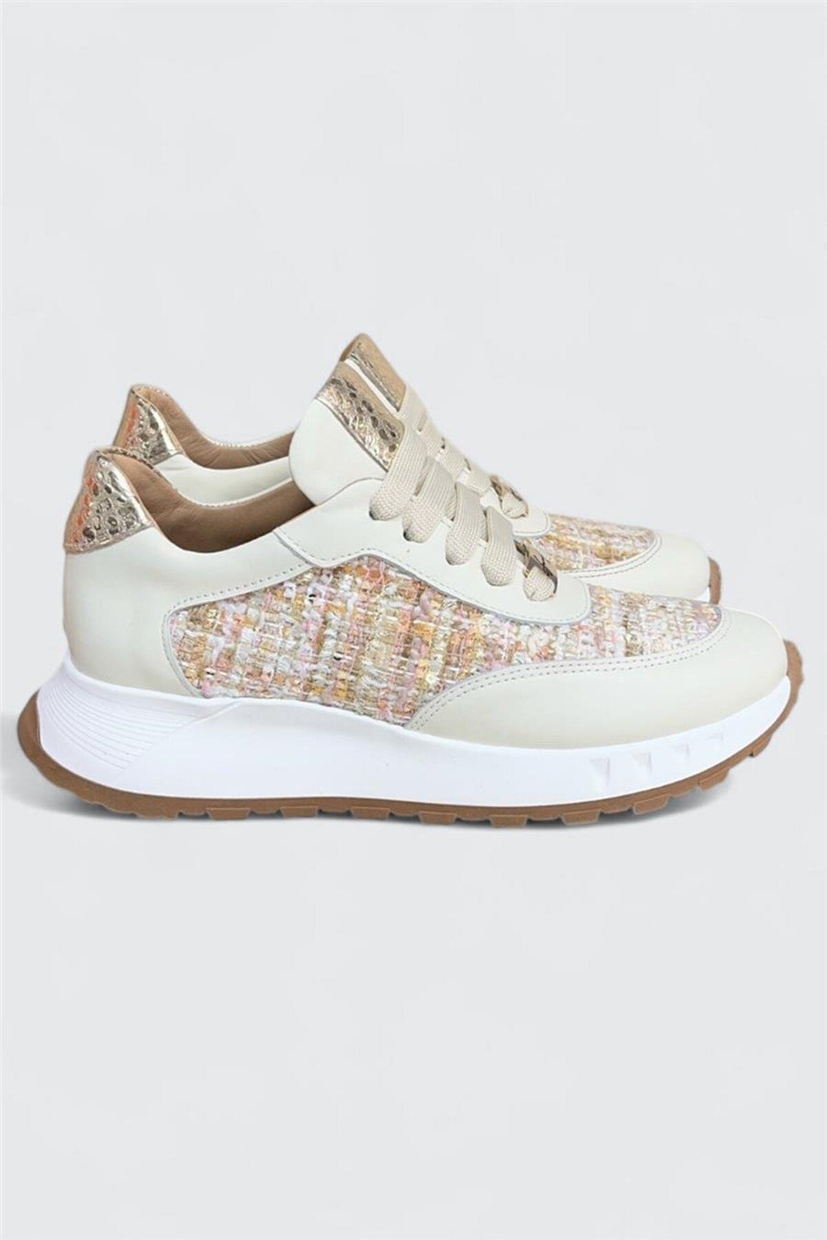 TUFAN SHOES Krem Hakiki Deri Hasır Desenli Comfort Taban Bağcıklı Sneaker
