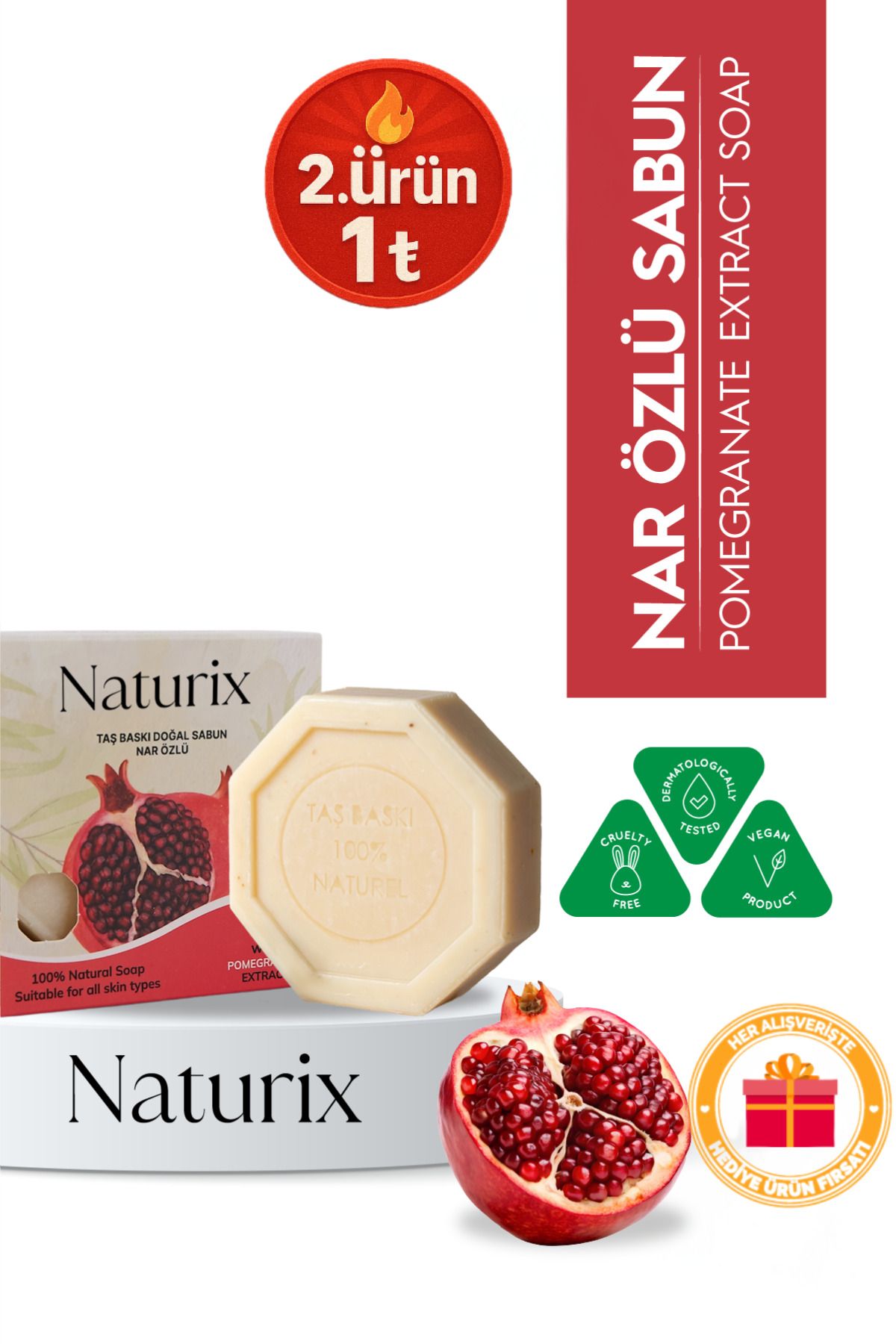 Naturix Nar Özlü Taş Sabun Cilt Tonu Dengeleyici ve Leke Bakımı - 125 gr