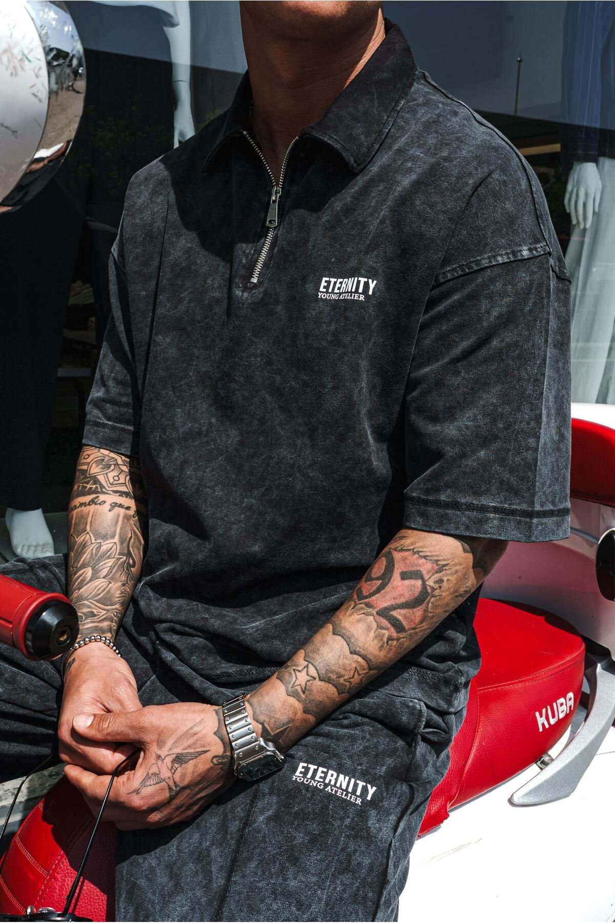 ablukaonline Erkek Polo Yaka Yıkamalı Oversize T-Shirt Siyah