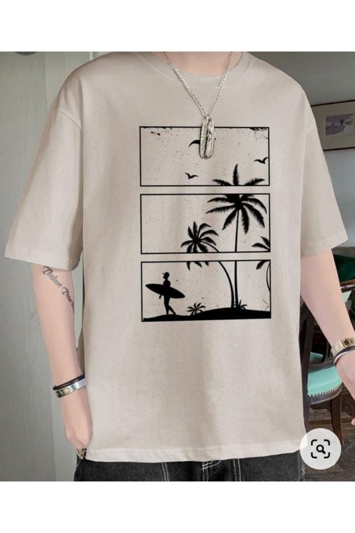 aynewmoda Palmiye ağacı desenli mürettebat yaka uzun kollu tişört