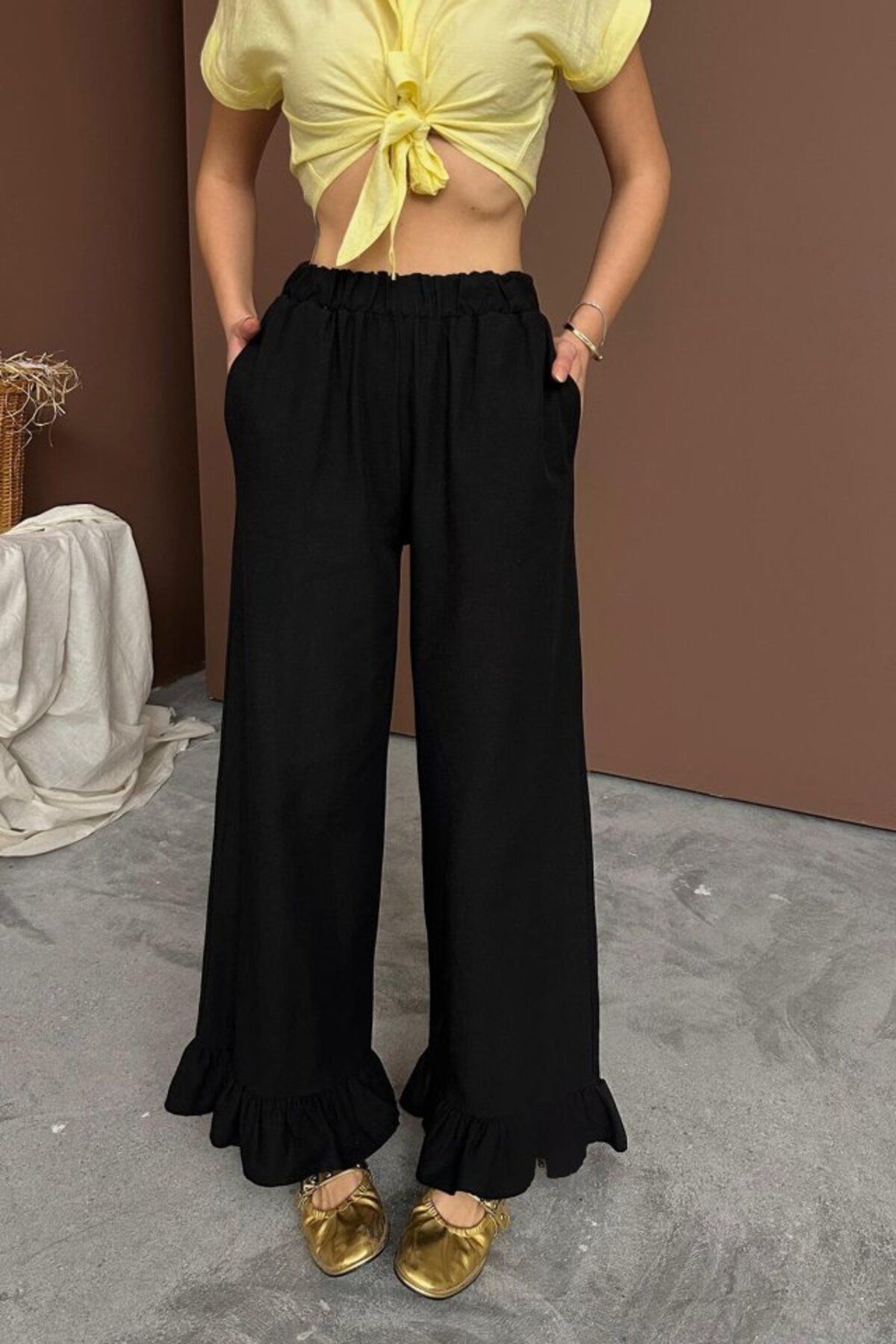 VELİZADE Yüksek Bel Konfor Modeli Paçası Fırfırlı Volan Detay Geniş Paça Ham Keten Wide Leg Palazzo Pantolon