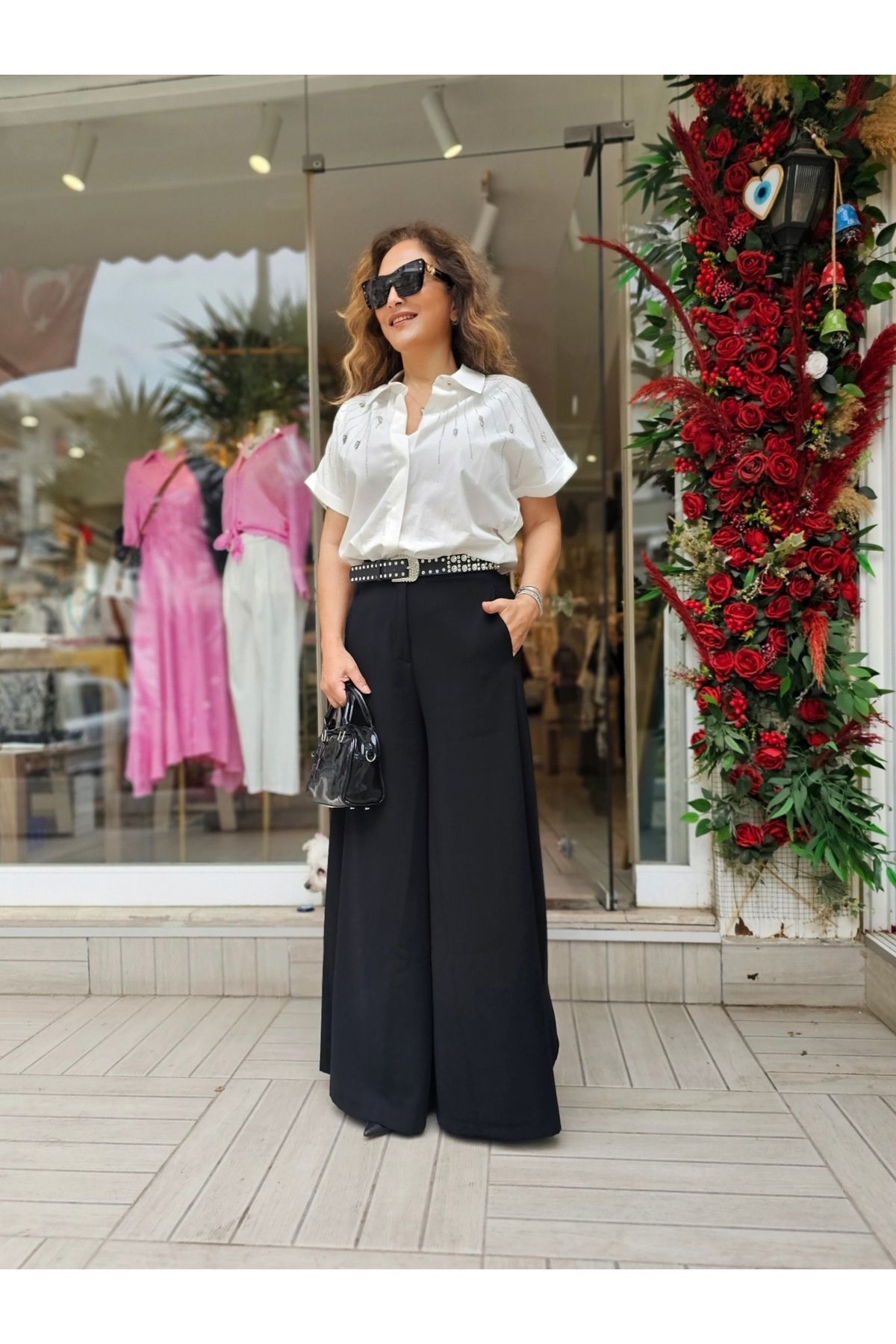 CsChicShop Geniş Paça Tok Dokulu Atlas Kumaş Siyah Pantolon