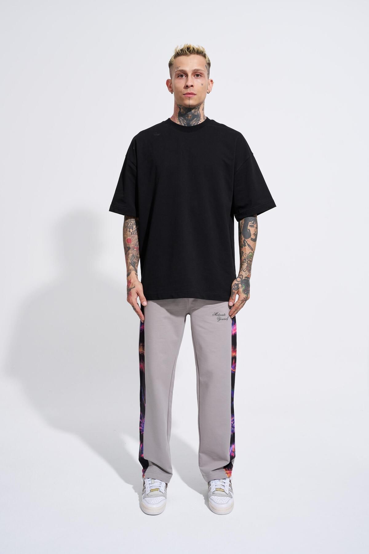 Machinist-Pantaloni de sport oversize, gri deschis, din bumbac organic, imprimați Motıvate Yourself 6