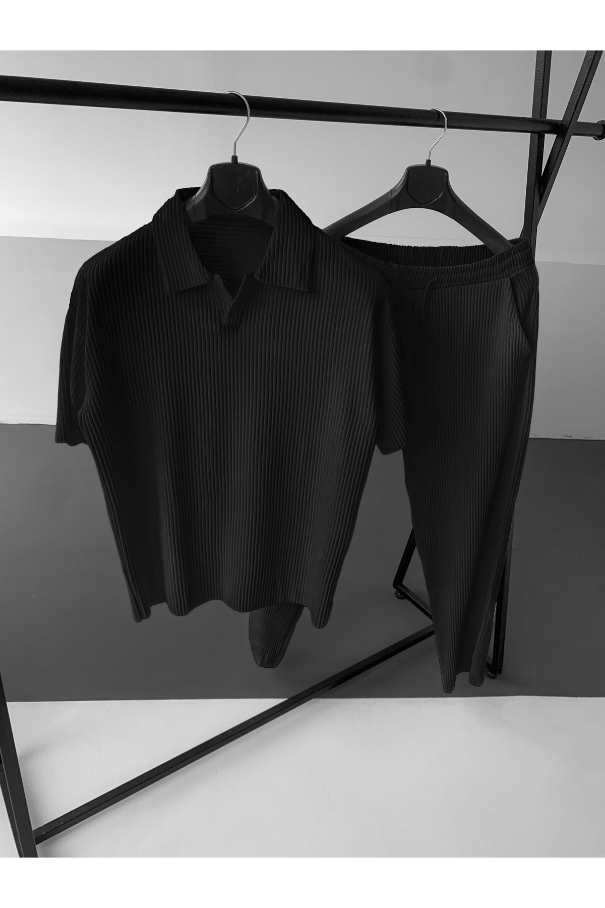 NO1 KONSEPT Siyah Fitilli Ottoman Polo Yaka T-Shirt Pantolon Takım