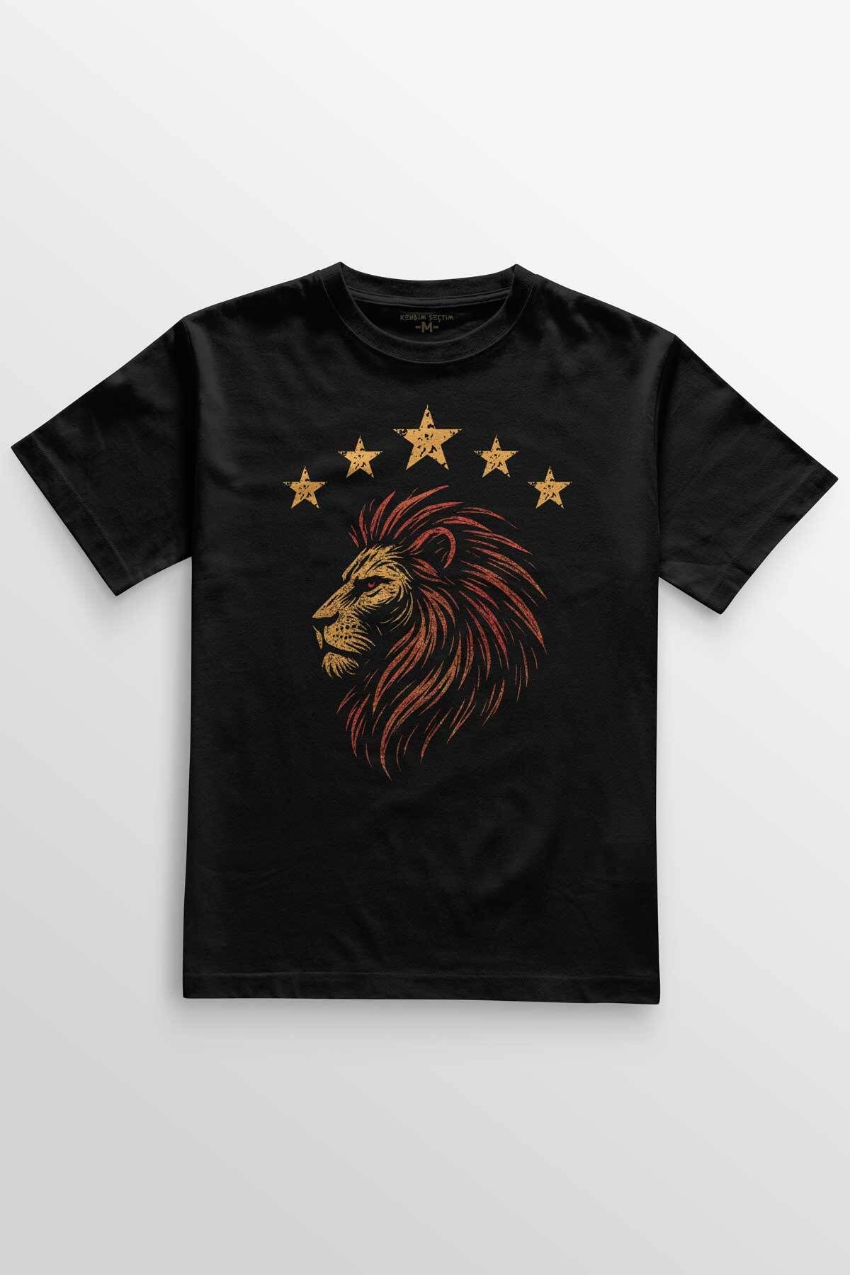 Kendim Seçtim Unisex Siyah Tişört 5 Yıldız Aslan Sarı Kırmızı Beş Yıldız Baskılı T-shirt