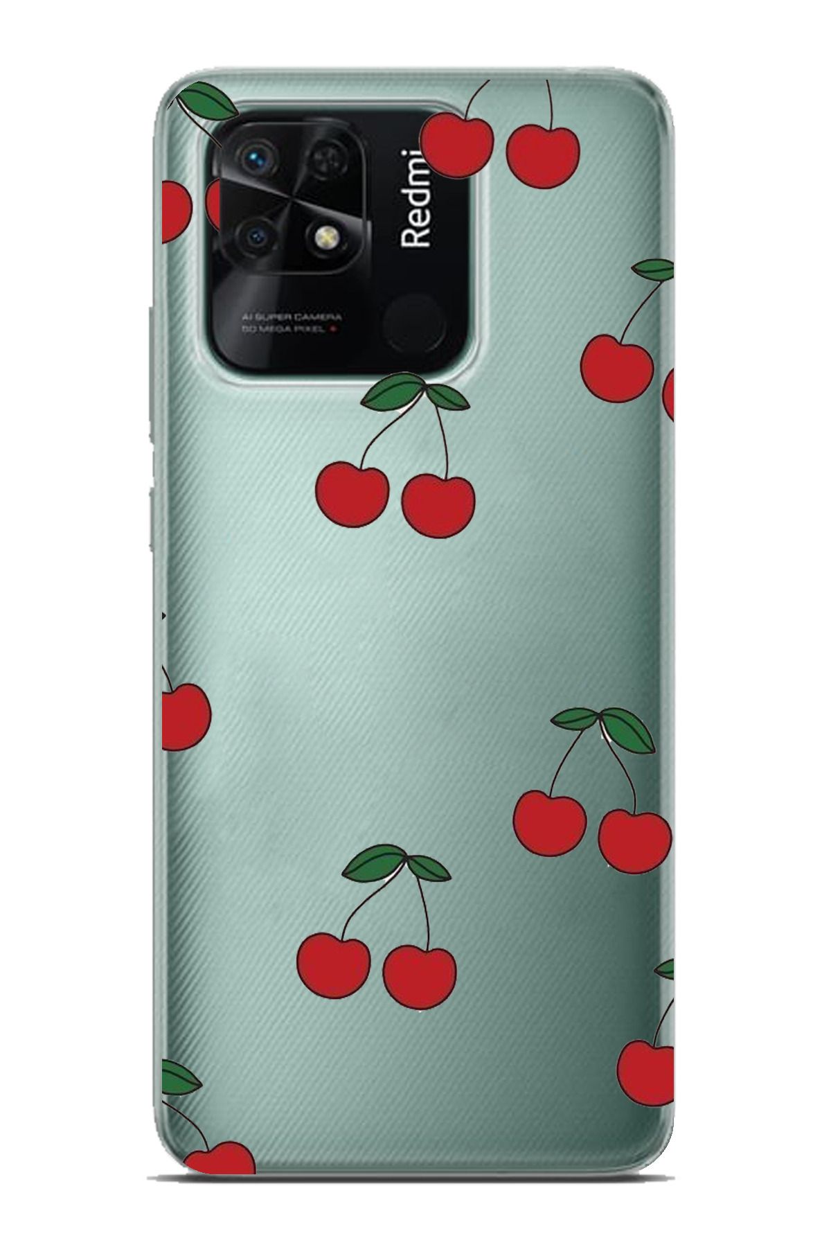 TechTree Redmi 10C - POCO C40 Uyumlu Kirazlar Tasarımlı Şeffaf Silikon Kılıf