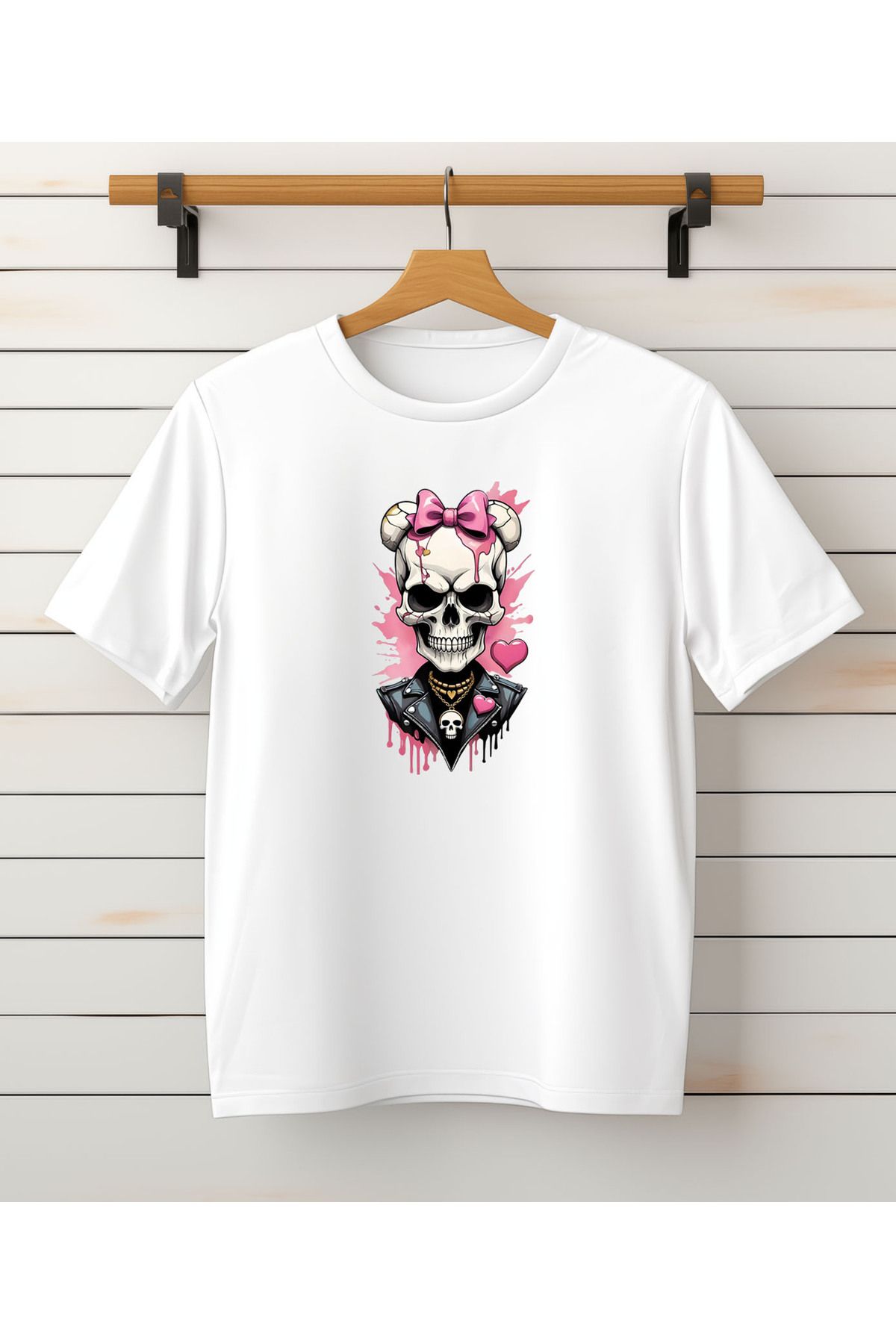 ASELİNDA Kuru Kafa Baskılı Bisiklet Yaka Pamuklu T-shirt