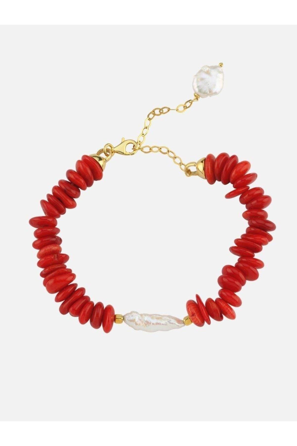LİNYA JEWELLERY Amorf Barok İncili Kırmızı Mercan Bileklik