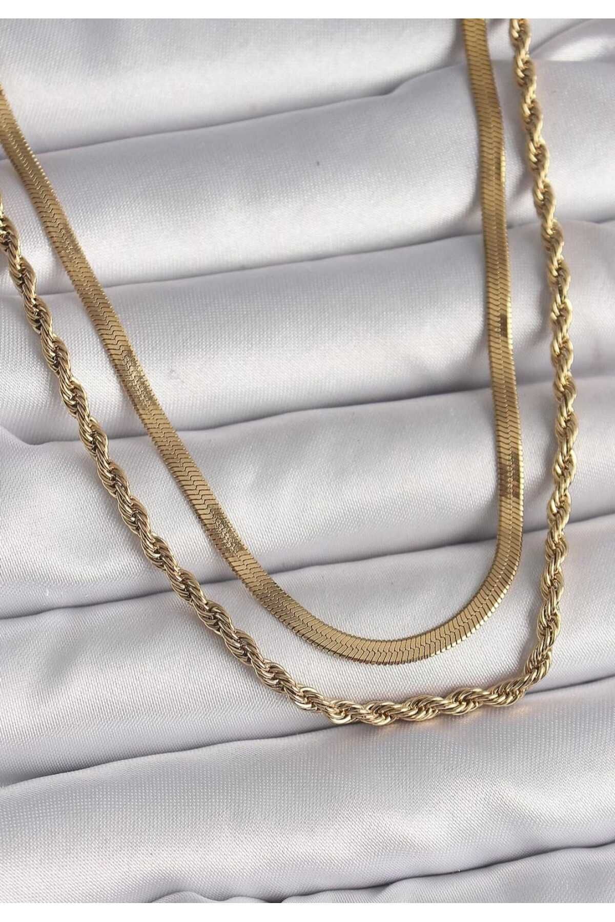 YDSACCESSORY Çelik Renk Atmaz Kolye Gold 2Lİ / 316 L