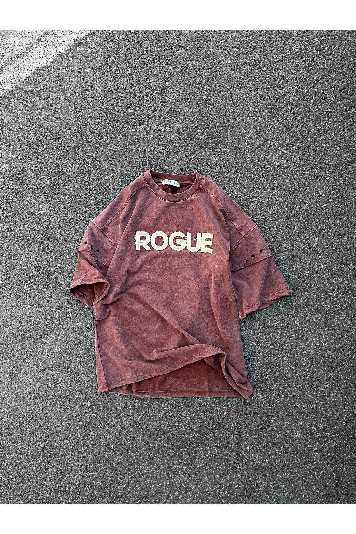 ablukaonline Erkek Yıkamalı Nakışlı Oversize T-Shirt Kahve