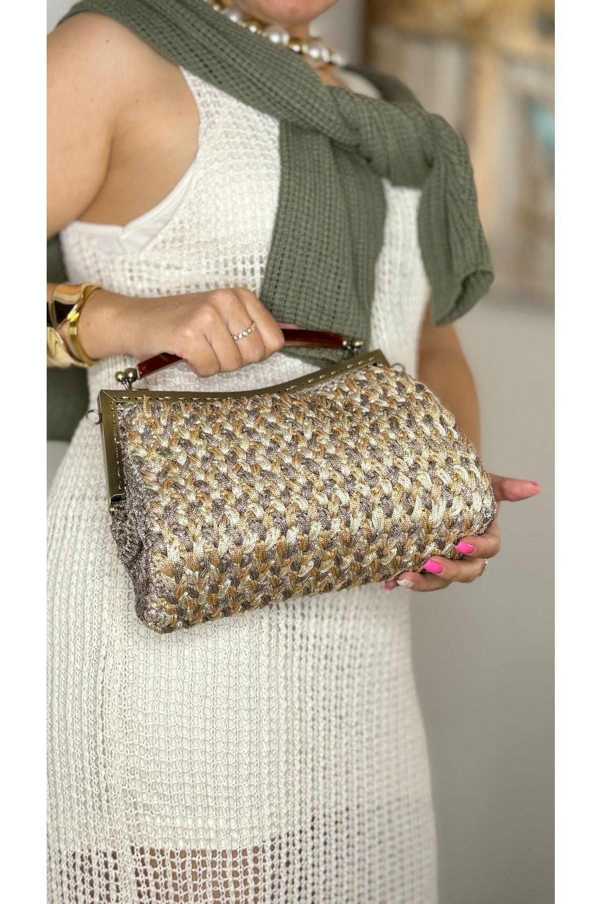Tuvita Collection Bodrum Makrome ip ile el işçiliği kadın simli bej ekru el çantası portföy clutch