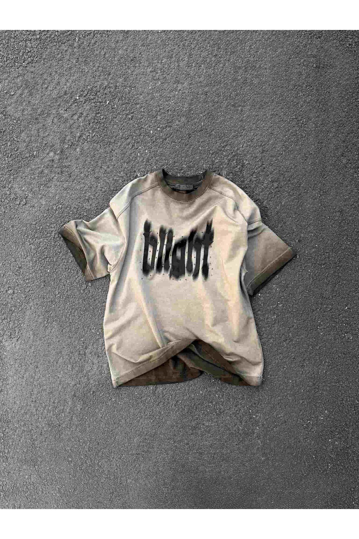 ablukaonline Erkek Baskılı Yıkamalı Oversize T-Shirt Açık Kahve