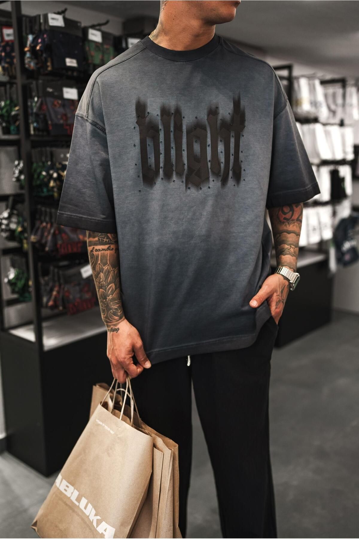 ablukaonline Erkek Baskılı Yıkamalı Oversize T-Shirt Siyah