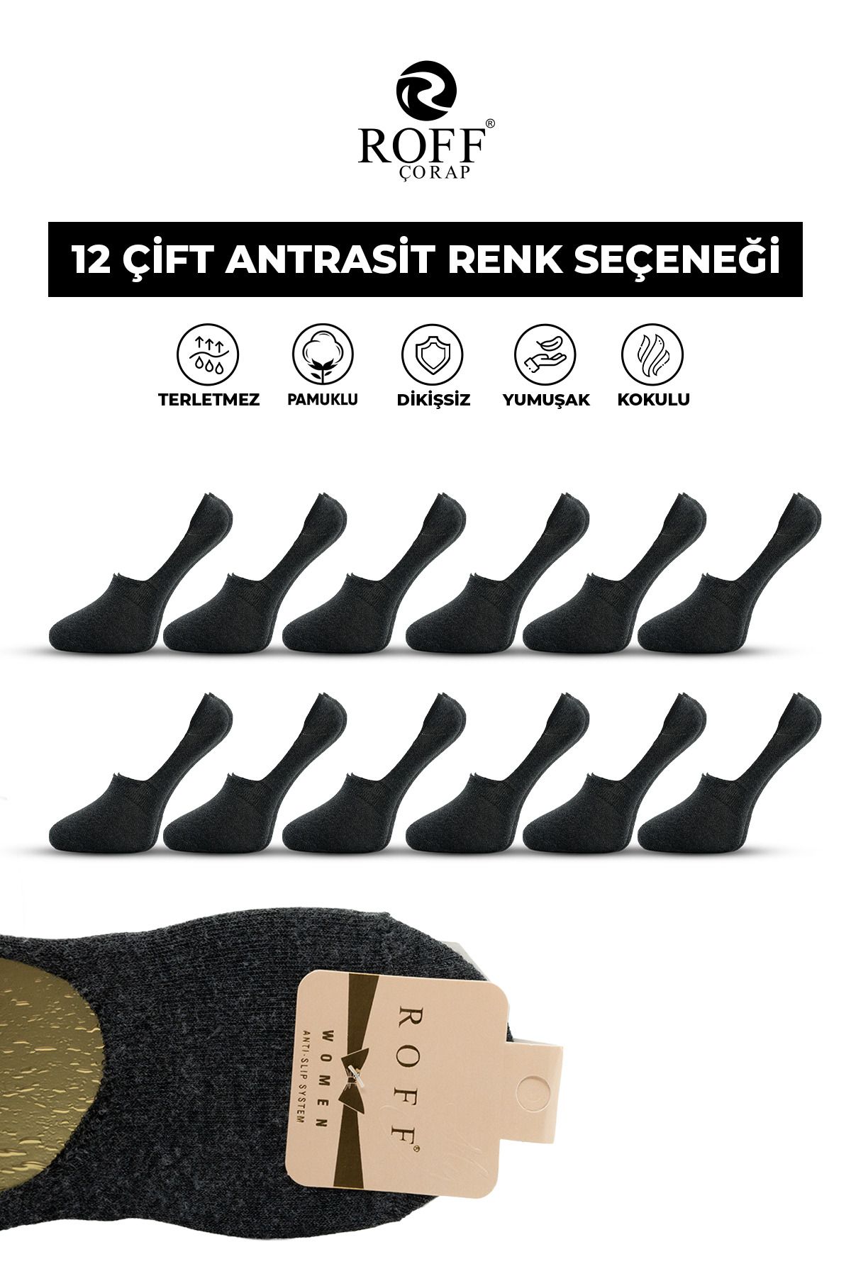 ROFF ÇORAP Kadın Kaydırmaz Silikonlu Babet Çorap 12'li / Lacivert