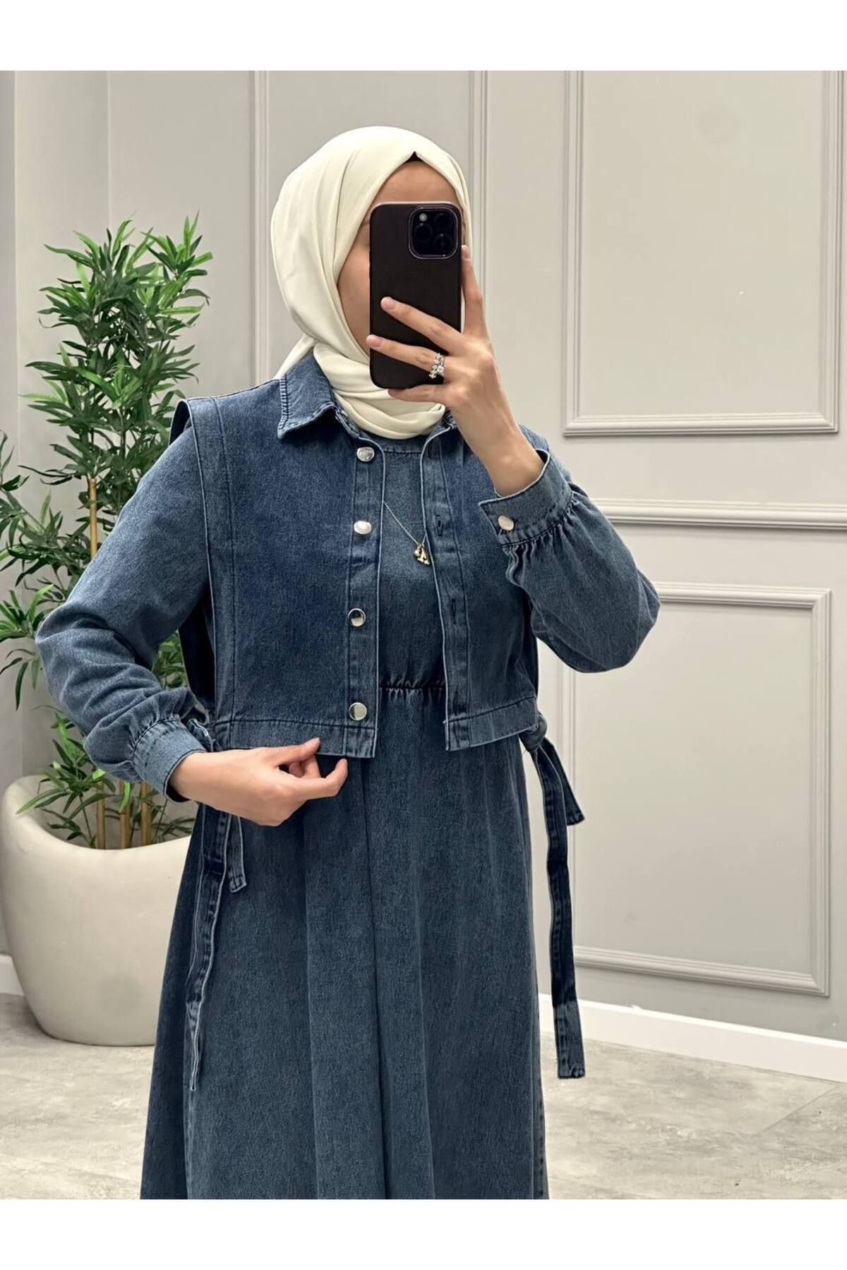 OlaLady-Γυναικείο τζιν φόρεμα Hijab με γιλέκο με δέσιμο στο πλάι 4