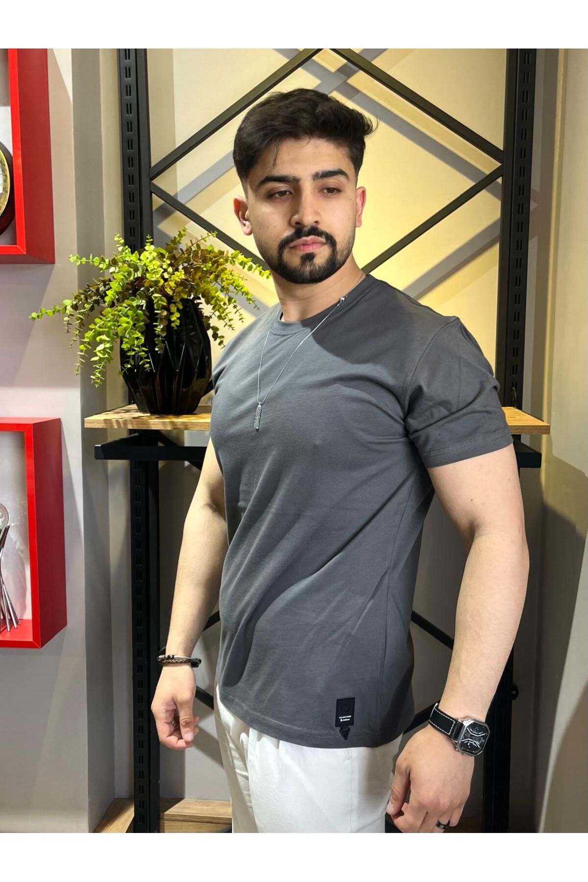 Butik Unisex Bisiklet Yaka Regular Armalı Füme Basic Tişört