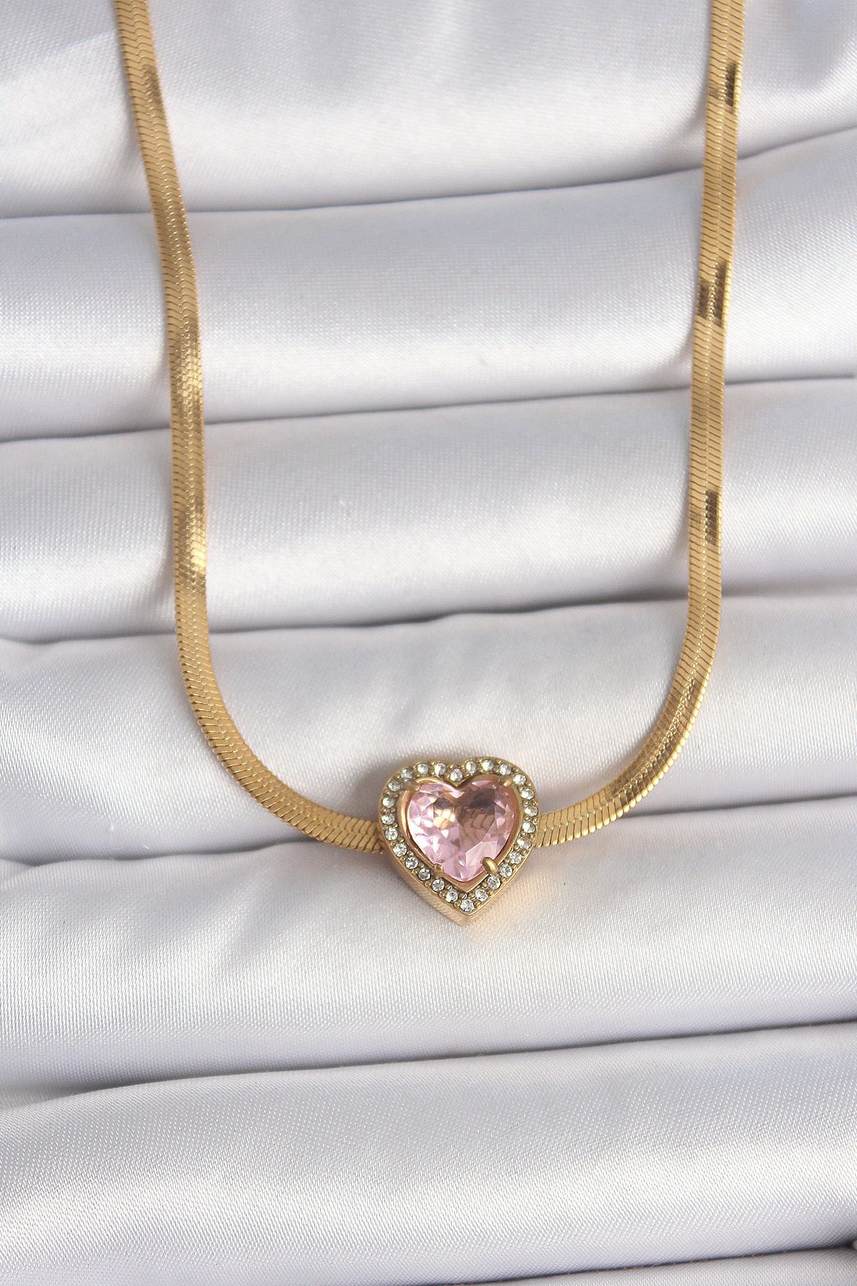 seZZeon 316L Çelik Gold Renk İtalyan Zincir Pembe Zirkon Taşlı Kalp Model Kadın Kolye