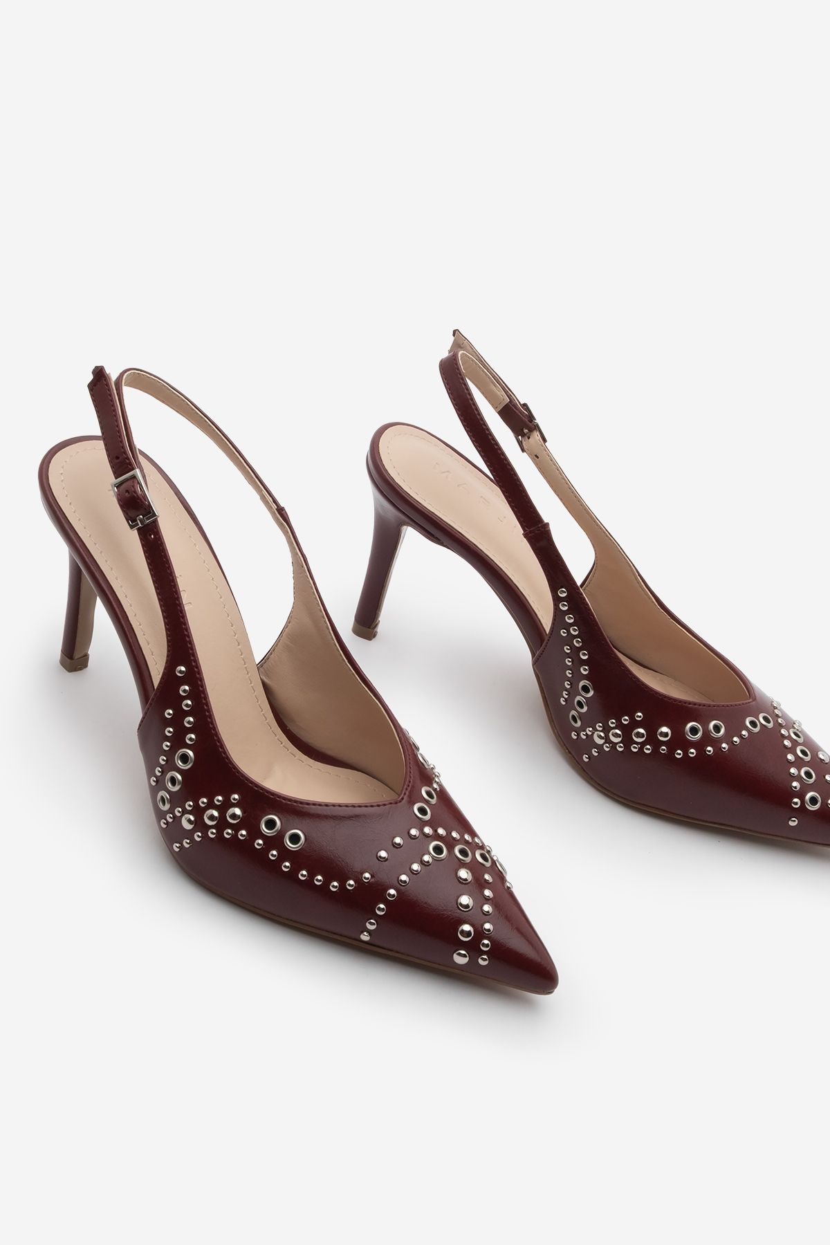 Marjin Kadın Stiletto Sivri Burun Troklu Zımbalı Arkası Açık Atkılı Topuklu Ayakkabı Lorfi Bordo