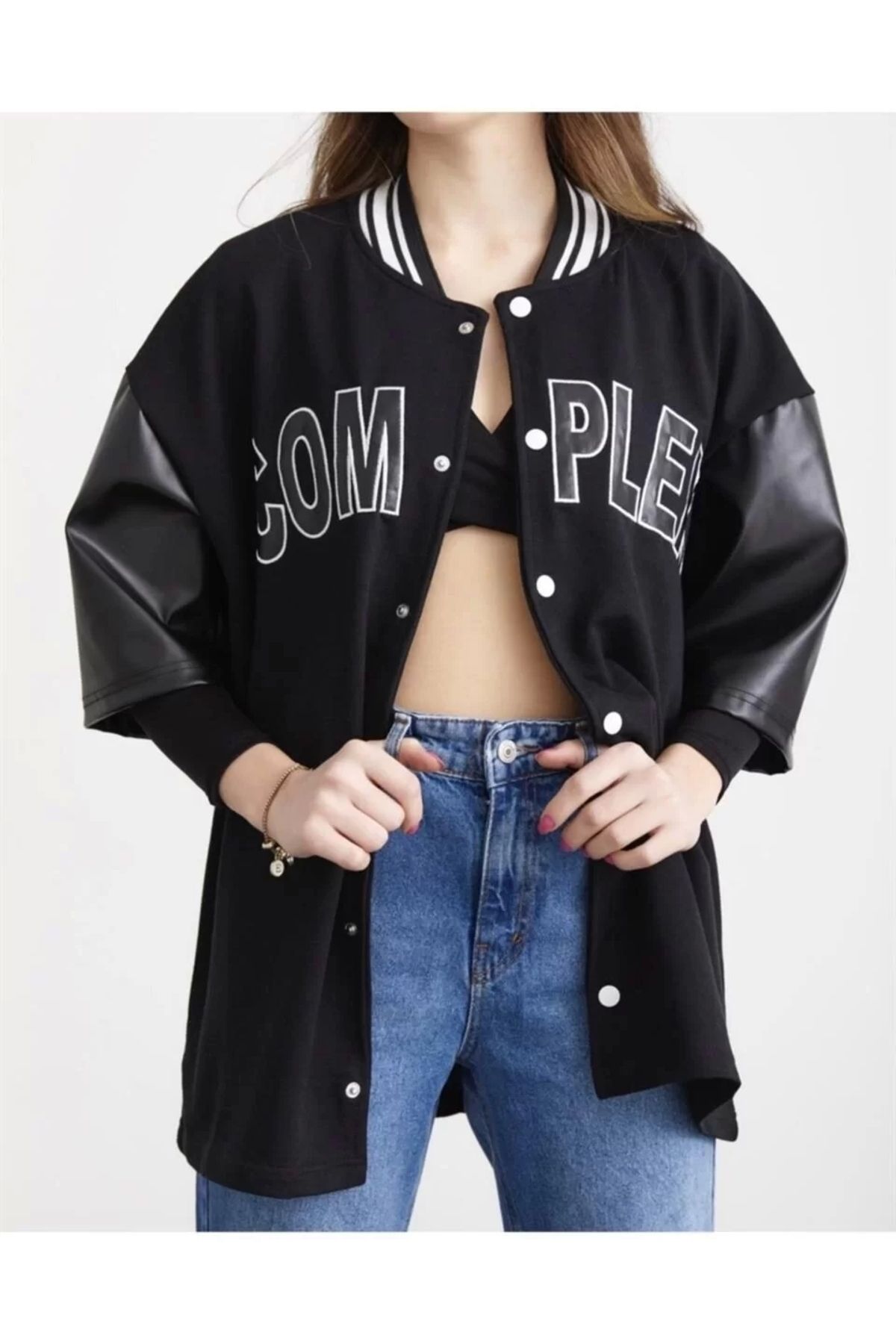 MODA Kadın Complex Kolej Oversize T-shirt - Siyah