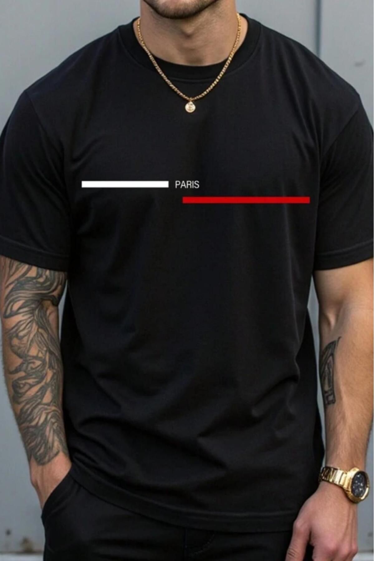 NO 601 Erkek Siyah Çizgili Paris Baskılı Oversize Tshirt