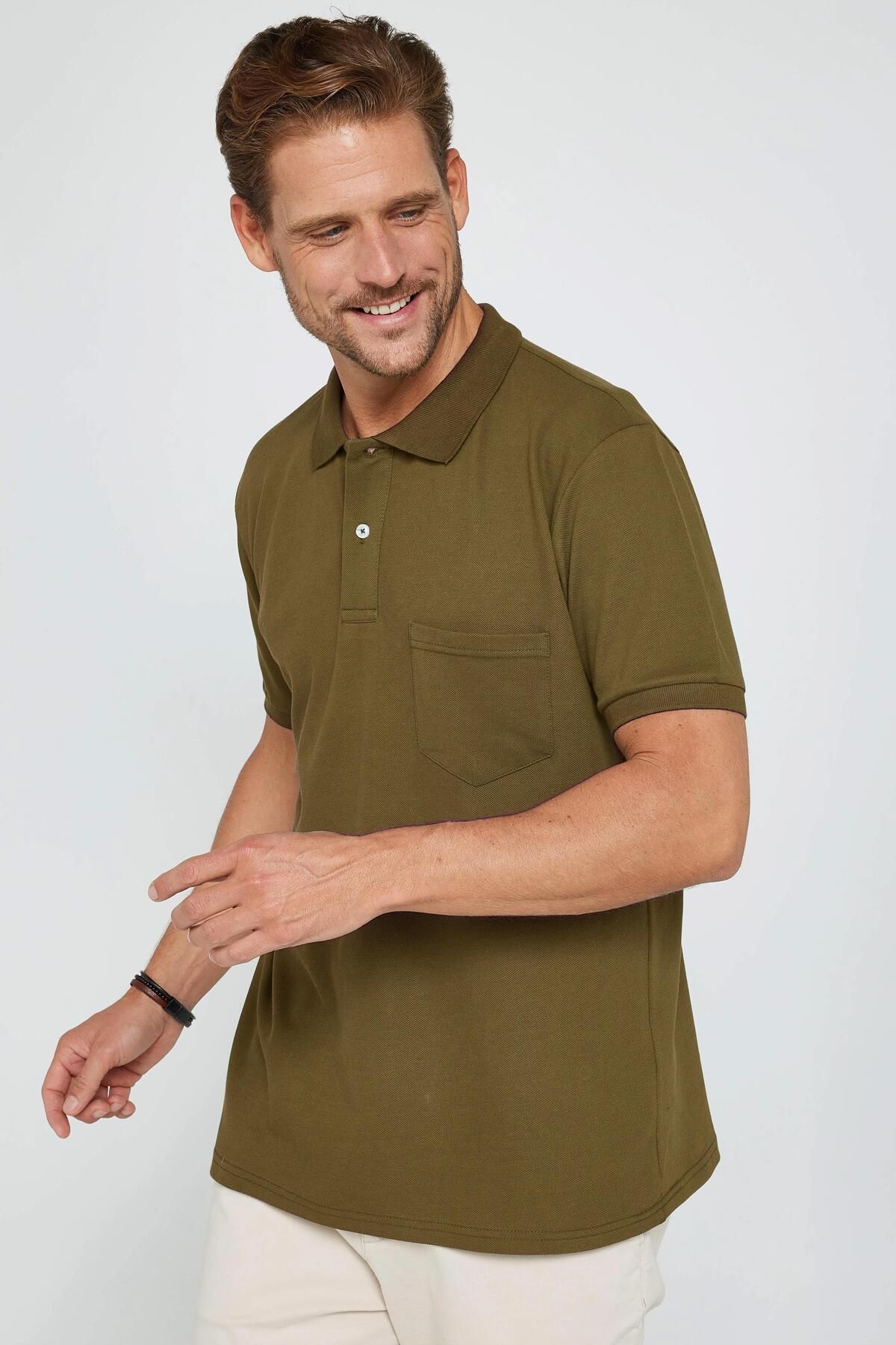 Tudors Erkek Regular Fit Klasik Kesim %100 Pamuk Düz Pike Haki Polo Yaka Tişört