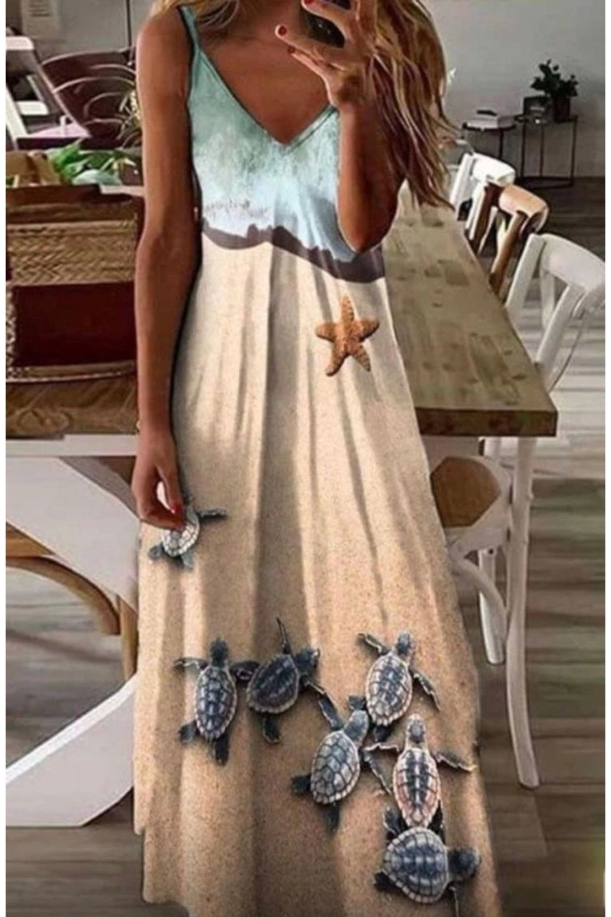 Butik Kadın Süprem Kumaş Dijital Baskılı Askılı Elbise