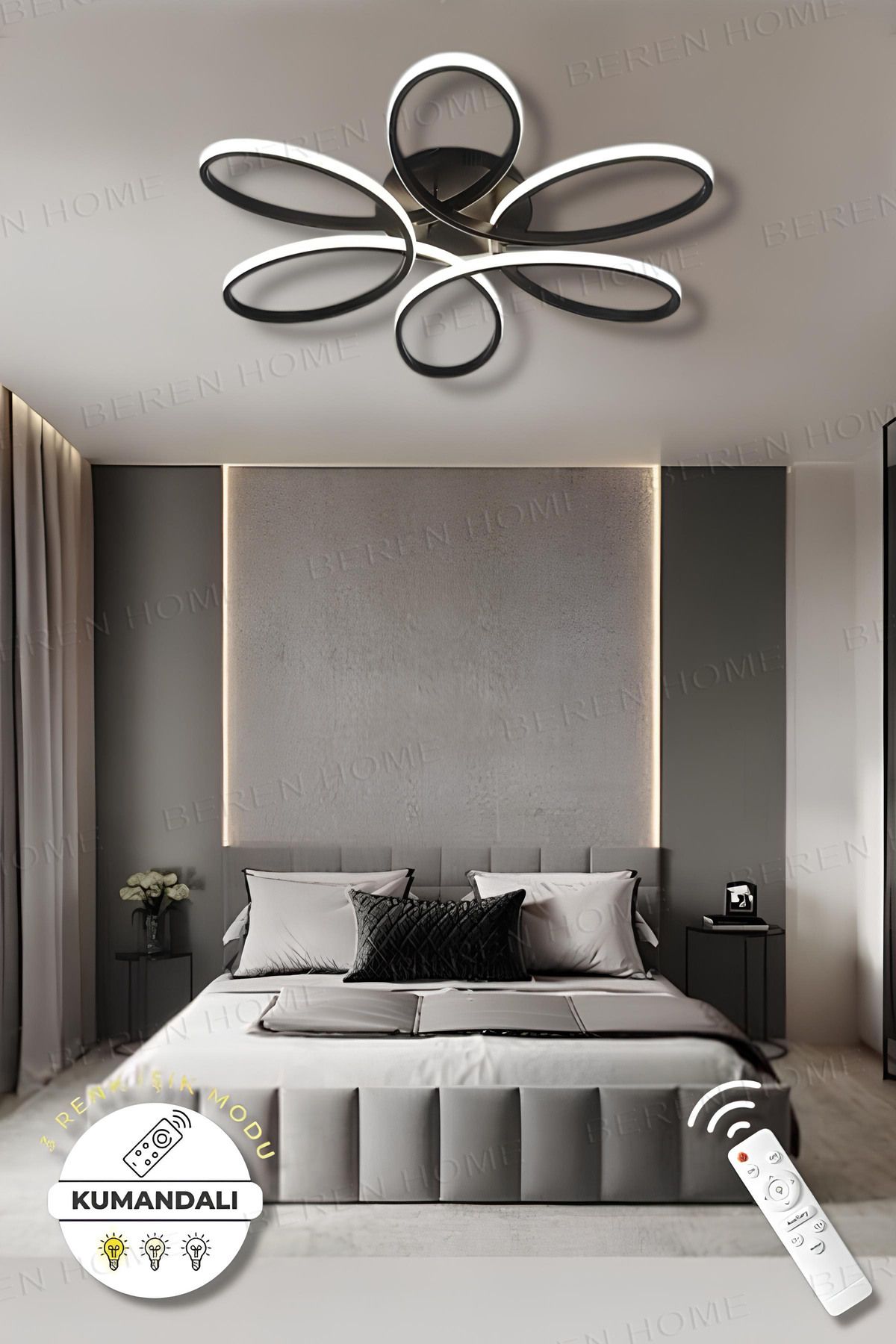 BEREN HOME Sayra Black Kumandalı 3 Renk Modern Plafonyer Led Avize
