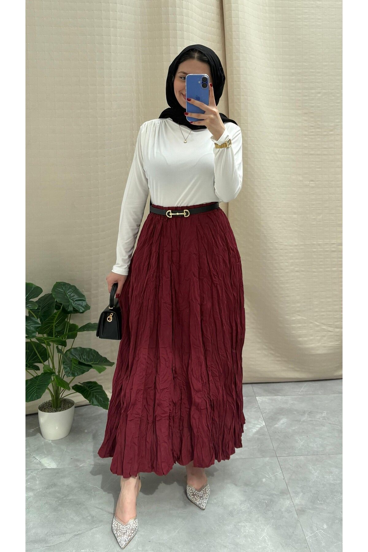 NİSUM MODA KIRIŞIK DOKULU UZUN ETEK