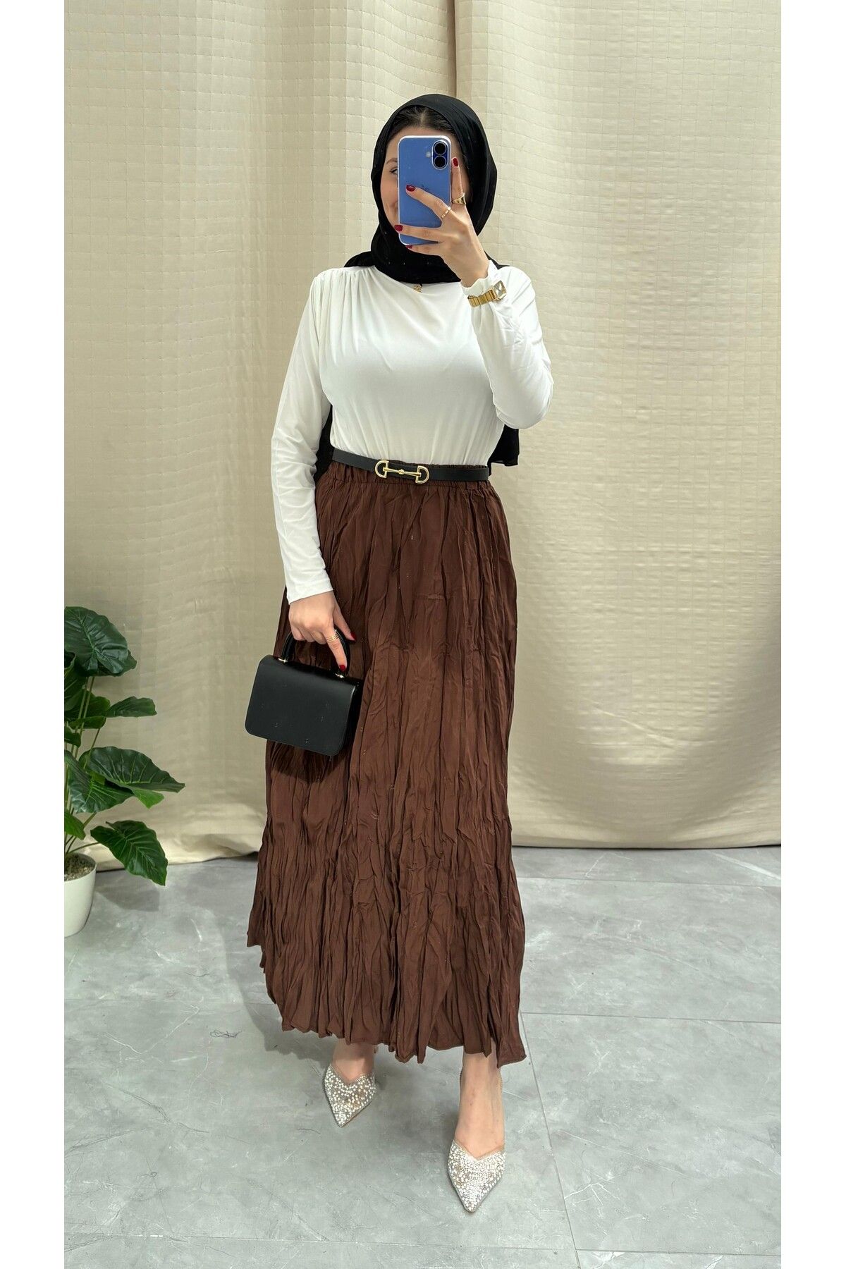 NİSUM MODA KIRIŞIK DOKULU UZUN ETEK