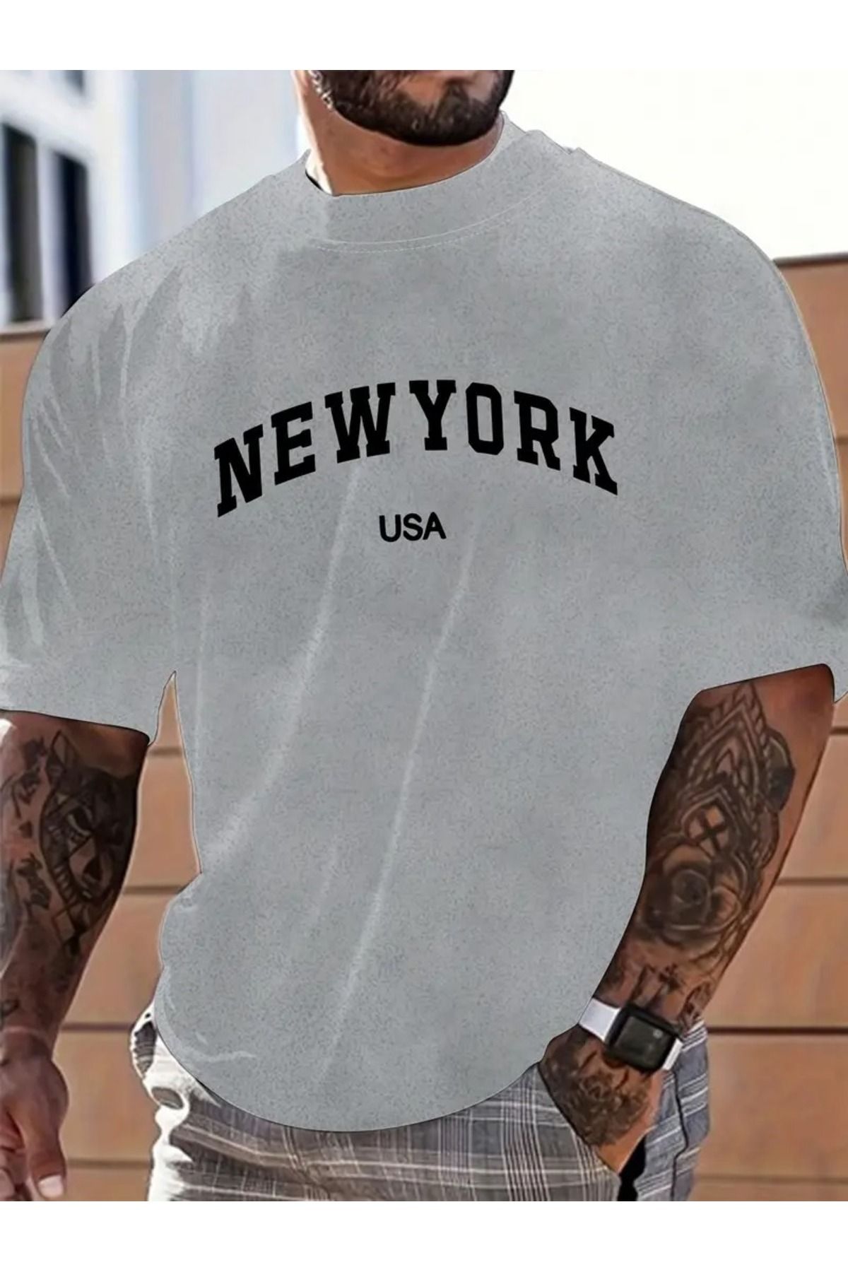 LAND MODA Büyük Beden Erkek Şık Harf Baskılı New York Tişört, Rahat Moda Tişört, Sokak Stili Kısa Kollu Yuvar