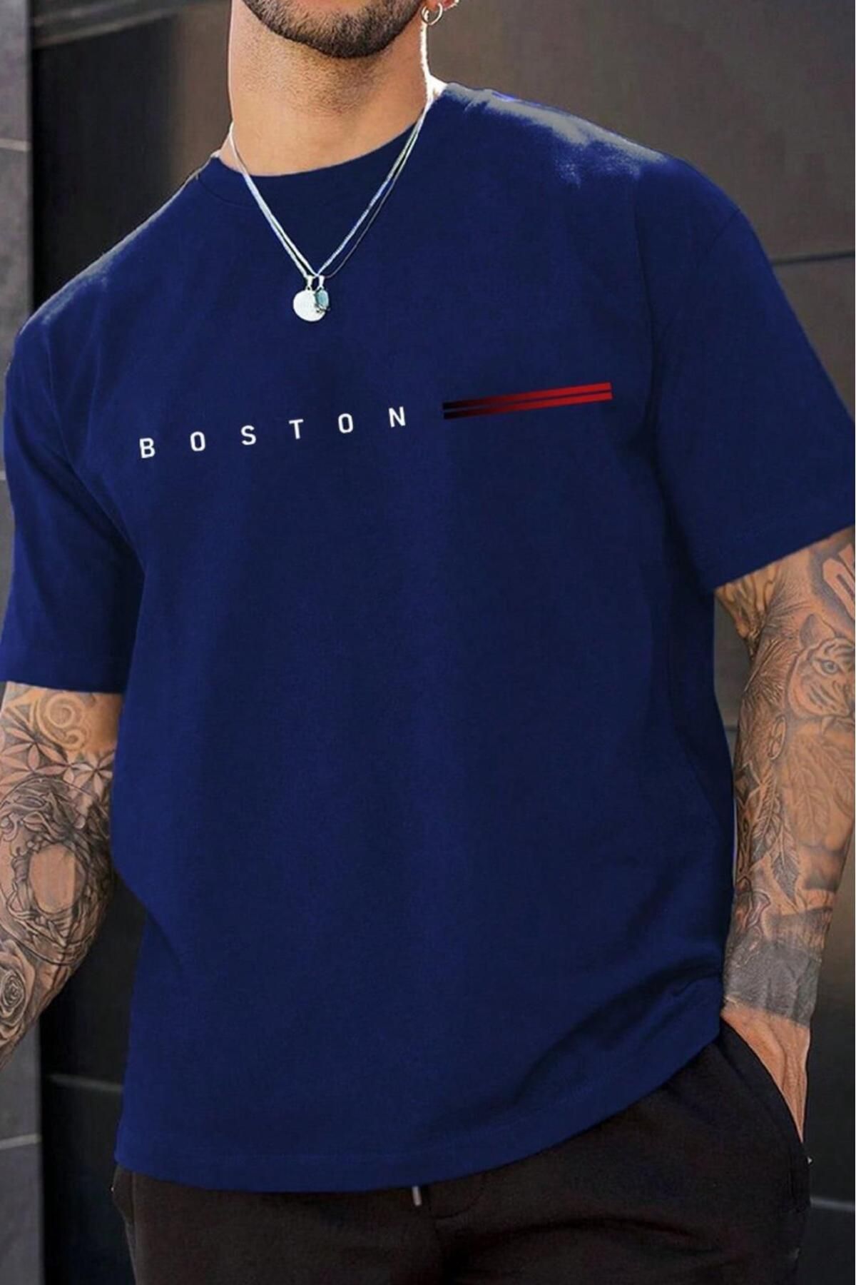 NO 601 Erkek Çizgili Paris Baskılı Oversize Tshirt