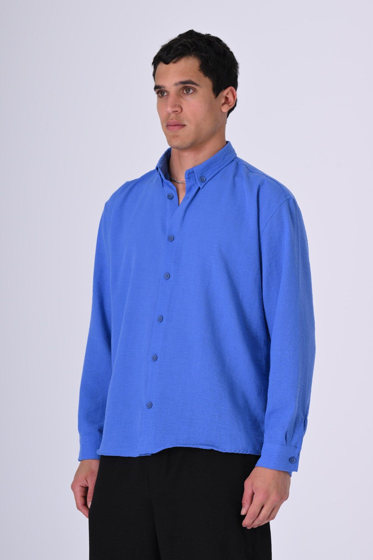 AllWearStyle Mavi Renk Ayaklı Yaka Uzun Kol Oversize Keten Gömlek