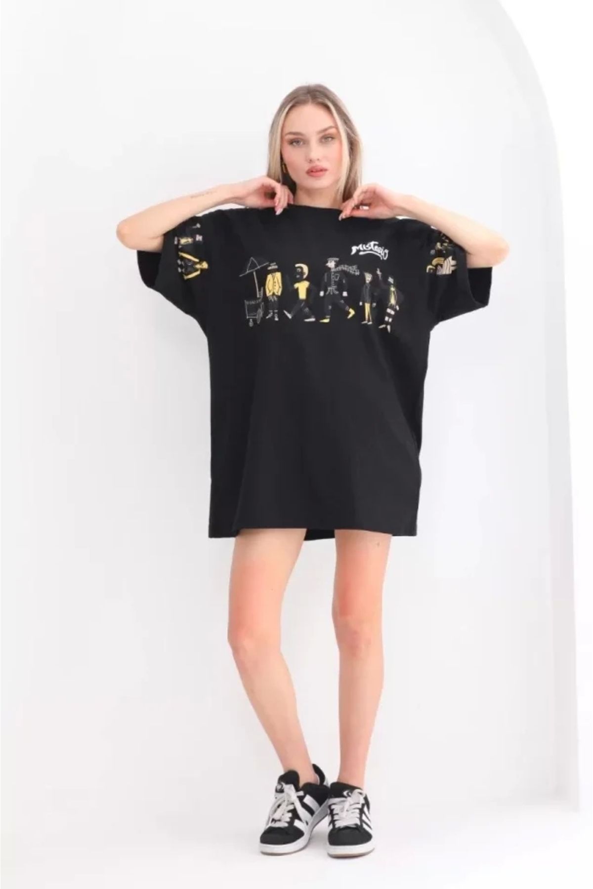 nedo7 Unisex Bisiklet Yaka Baskılı Oversize T-Shirt - Siyah