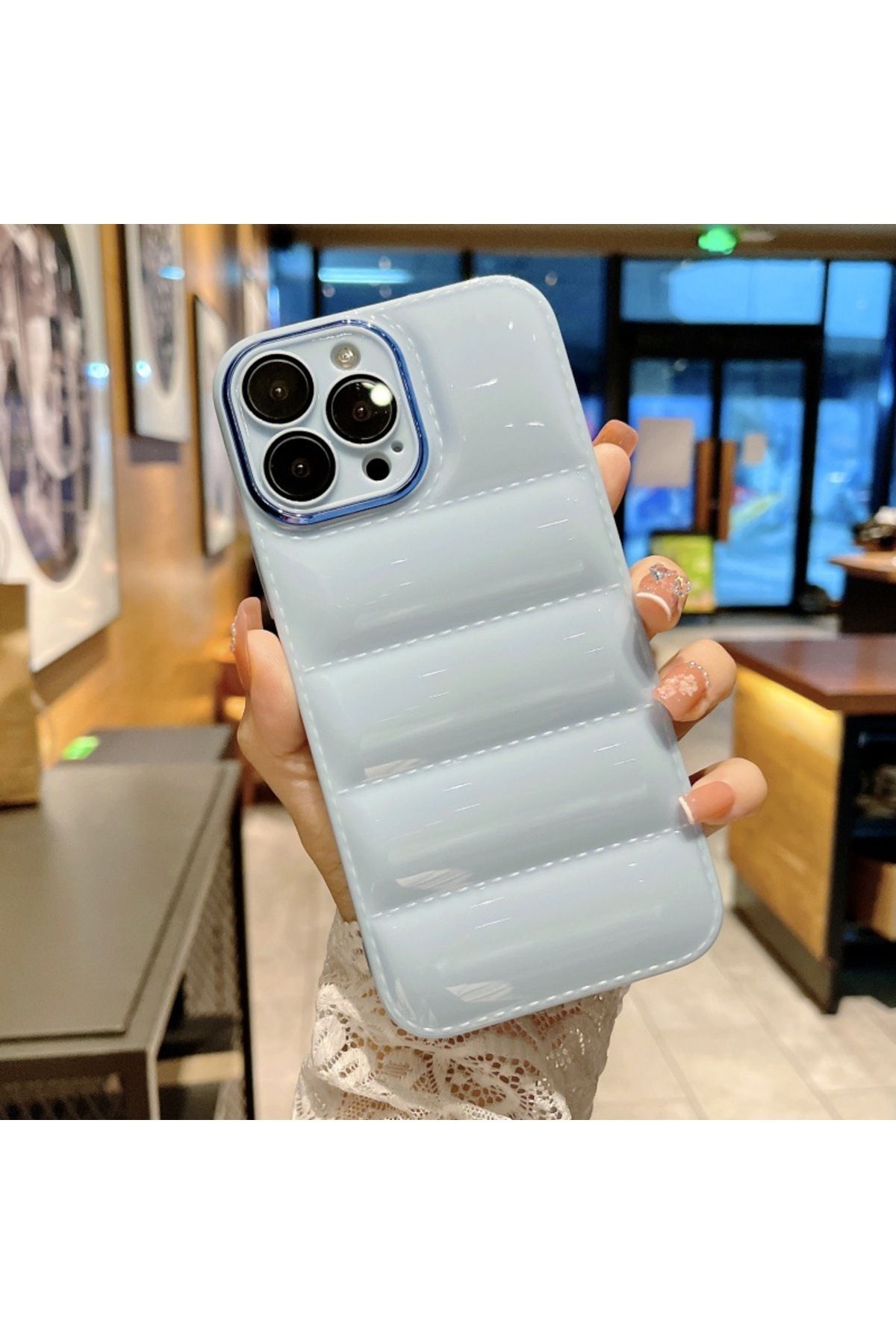 madamcase İPHONE 14 PRO MAVİ ÇİZGİLİ PUFF SİLİKON TELEFON KILIFI
