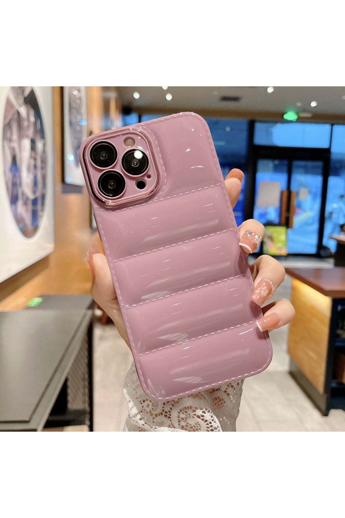 madamcase İPHONE 13 PRO MOR ÇİZGİLİ PUFF SİLİKON TELEFON KILIFI