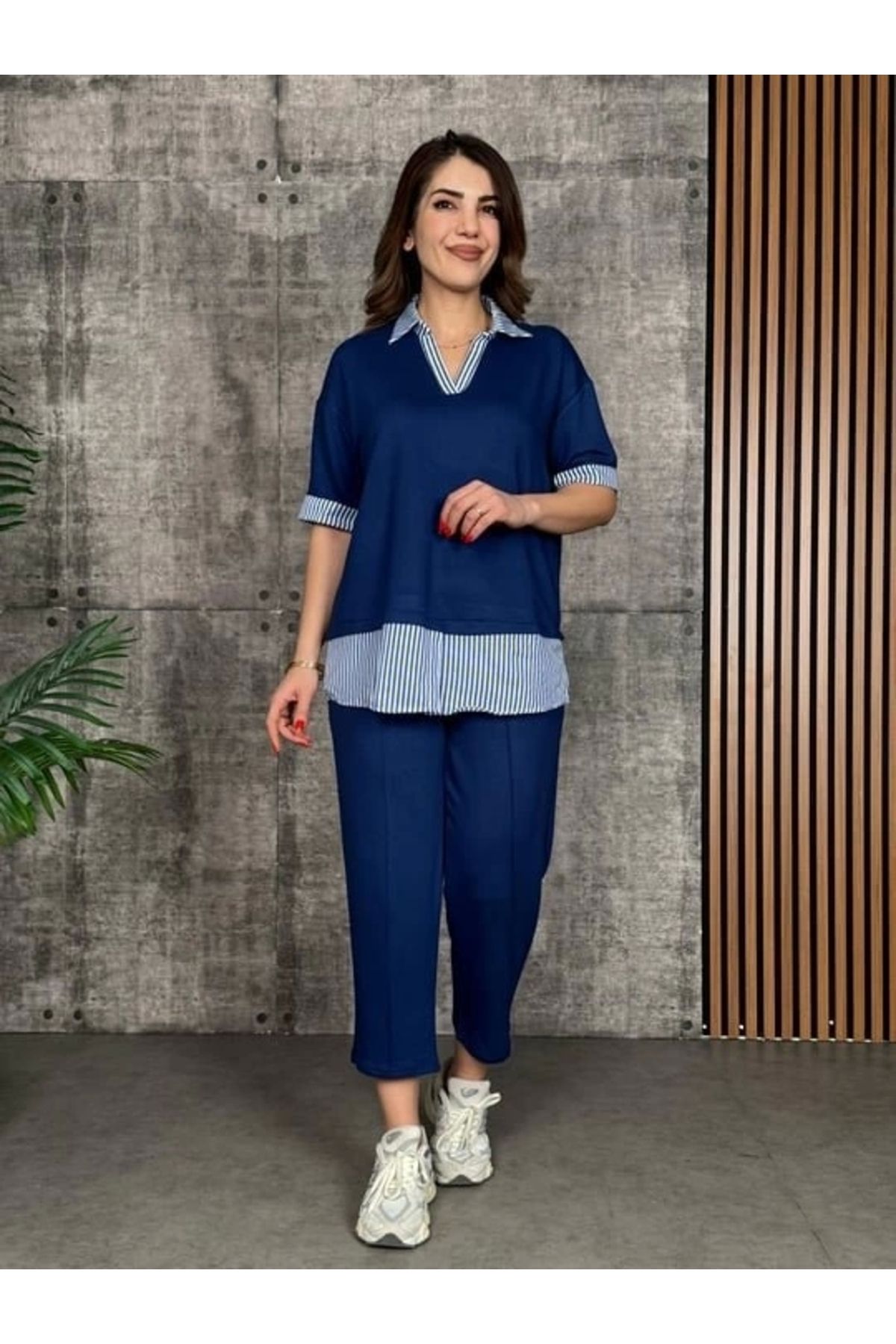 Butik Kadın Modal Kumaş çizgili Gömlek Yaka Ikili Takım