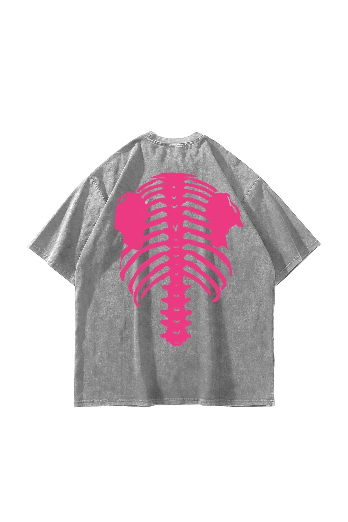 Bak Moda Pink Ribcage Baskılı Oversize Unisex Yıkamalı Beyaz Tshirt