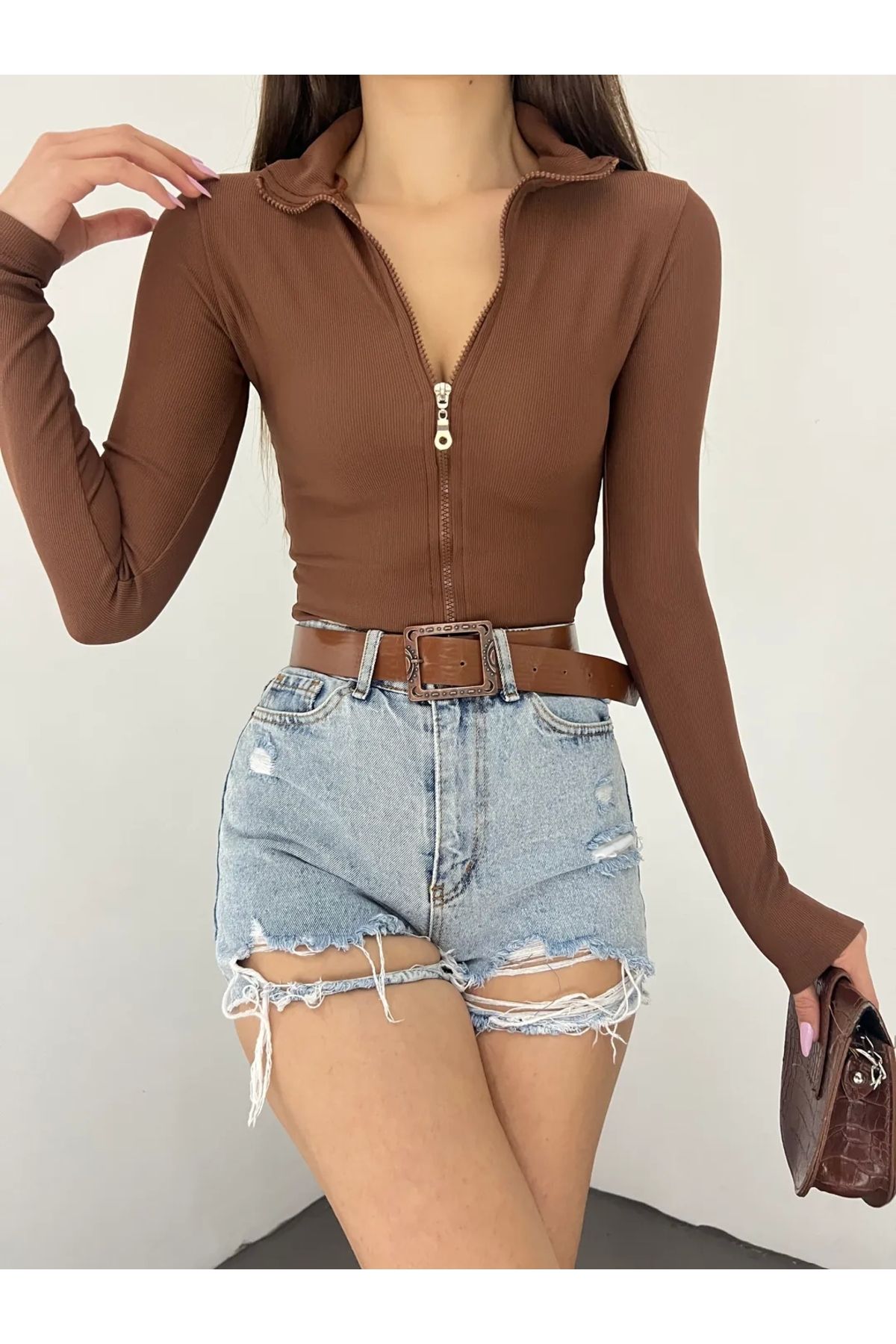TakıDolabı Fermuar Detaylı Crop Kaşkorse Bluz