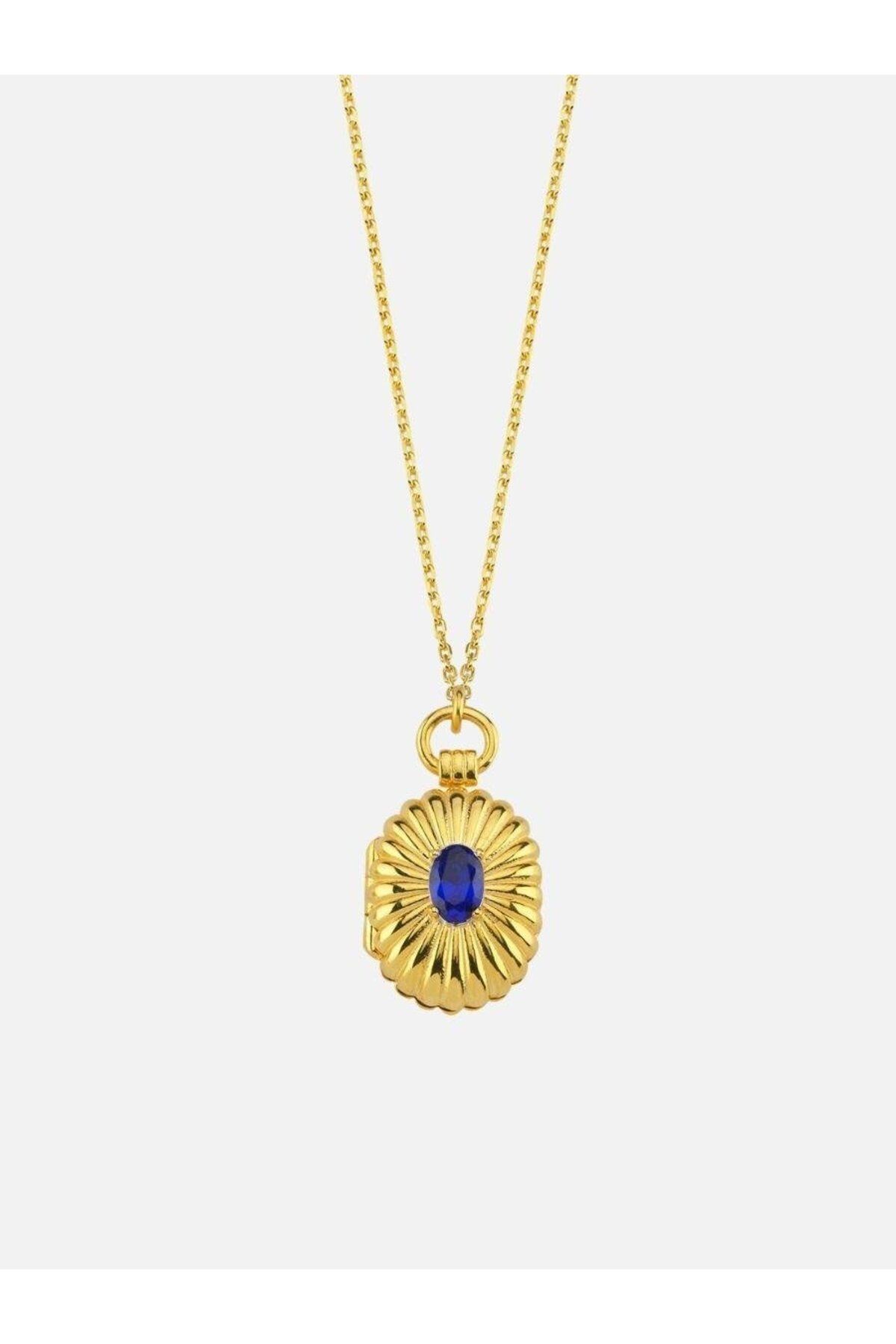 LİNYA JEWELLERY Mini Lacivert Taşlı Kapaklı Madalyon Kolye Gold